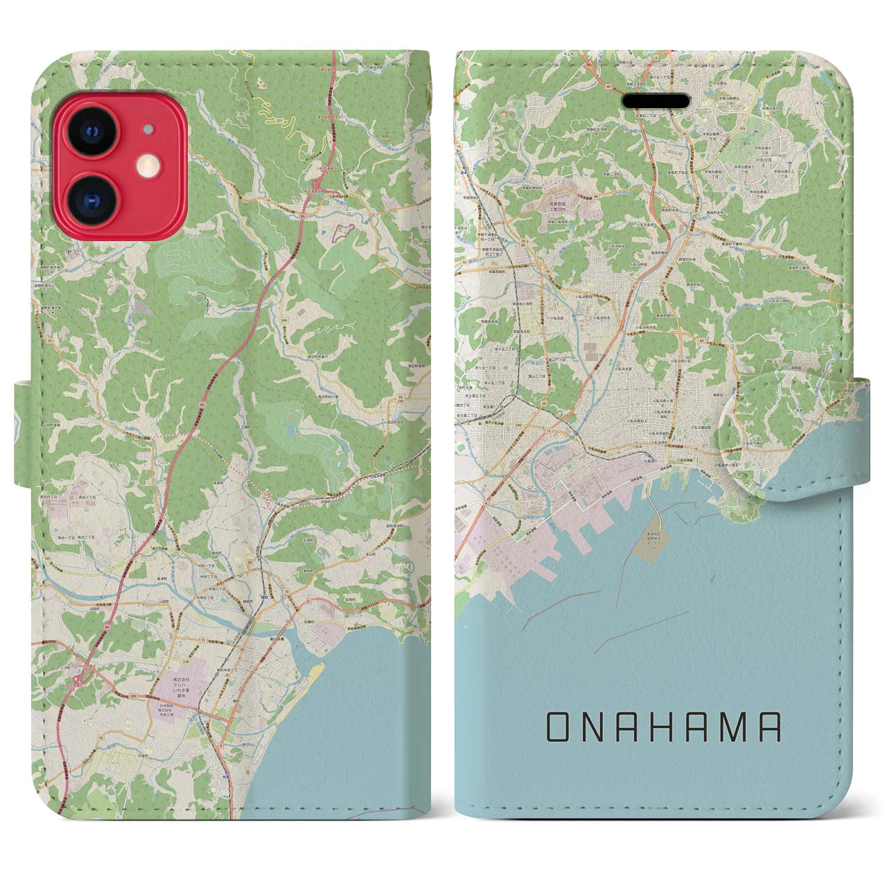 【小名浜(福島県)】地図柄iPhoneケース(手帳タイプ)ナチュラル・iPhone 11 用