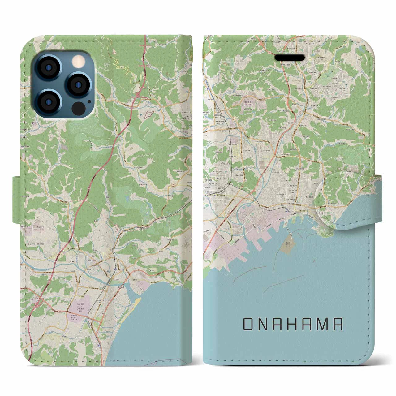 【小名浜(福島県)】地図柄iPhoneケース(手帳タイプ)ナチュラル・iPhone 12 / 12 Pro 用