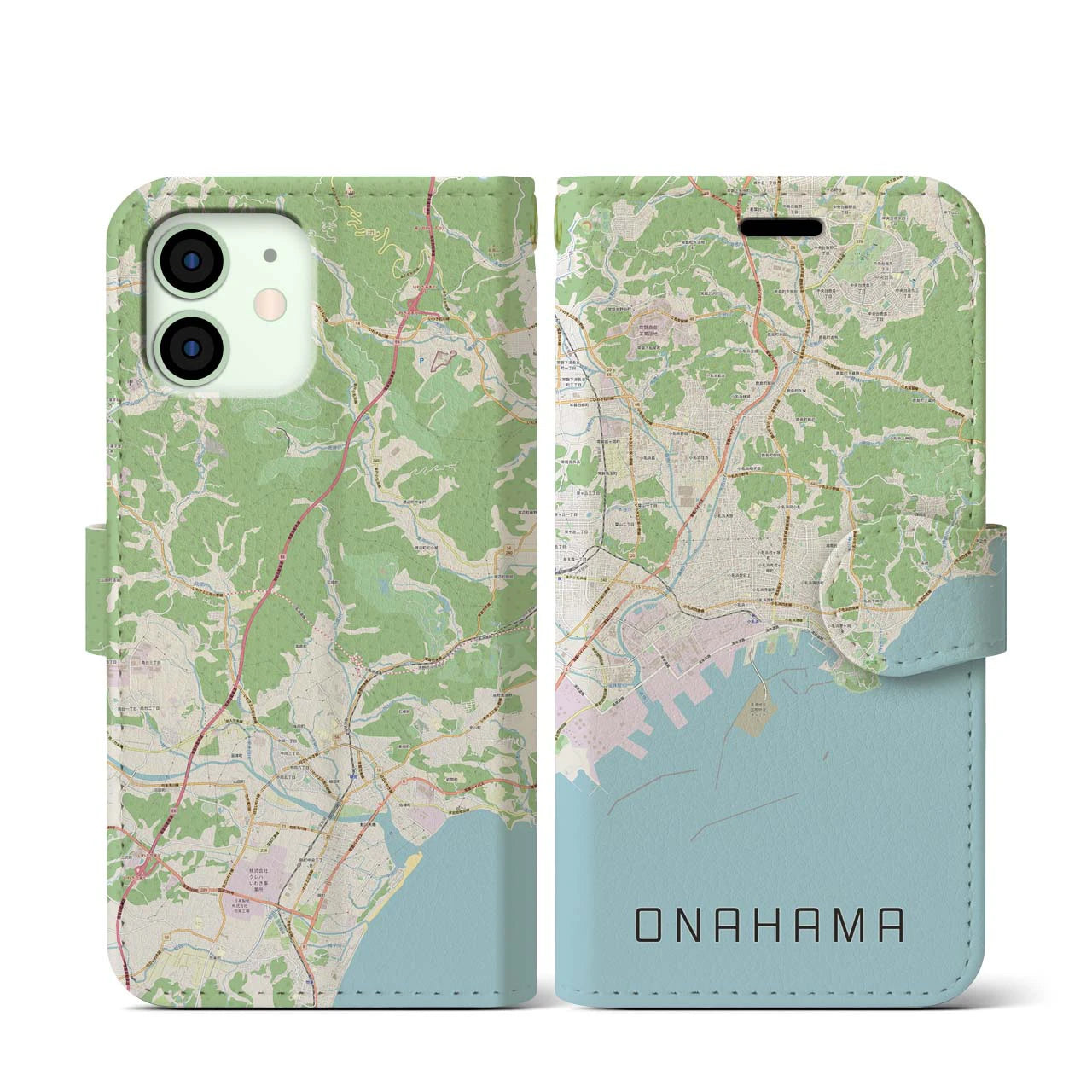 【小名浜(福島県)】地図柄iPhoneケース(手帳タイプ)ナチュラル・iPhone 12 mini 用