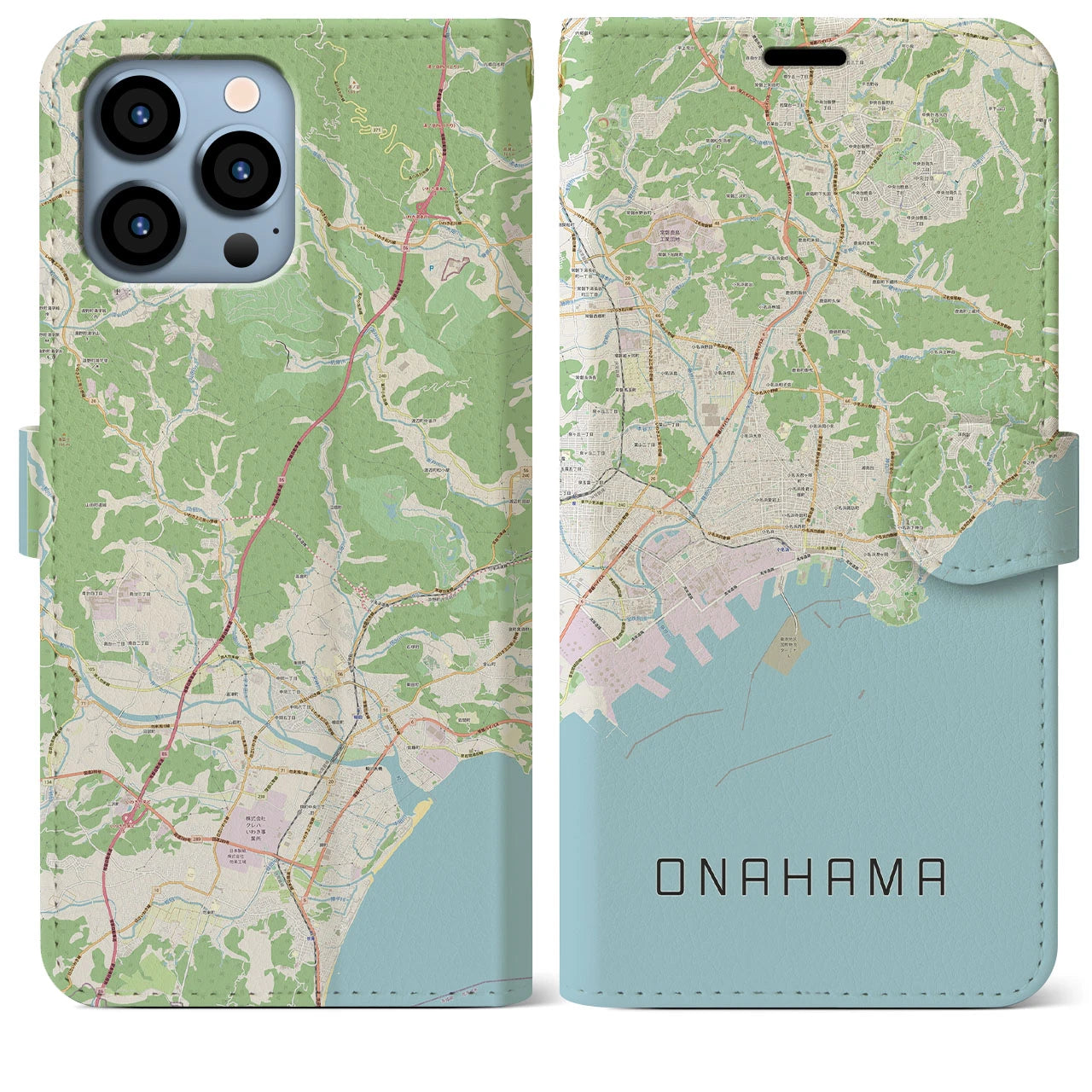【小名浜(福島県)】地図柄iPhoneケース(手帳タイプ)ナチュラル・iPhone 13 Pro Max 用