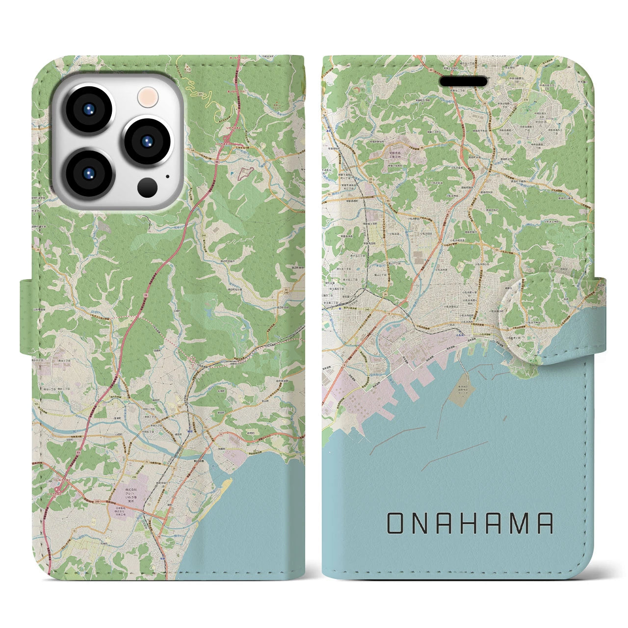 【小名浜(福島県)】地図柄iPhoneケース(手帳タイプ)ナチュラル・iPhone 13 Pro 用