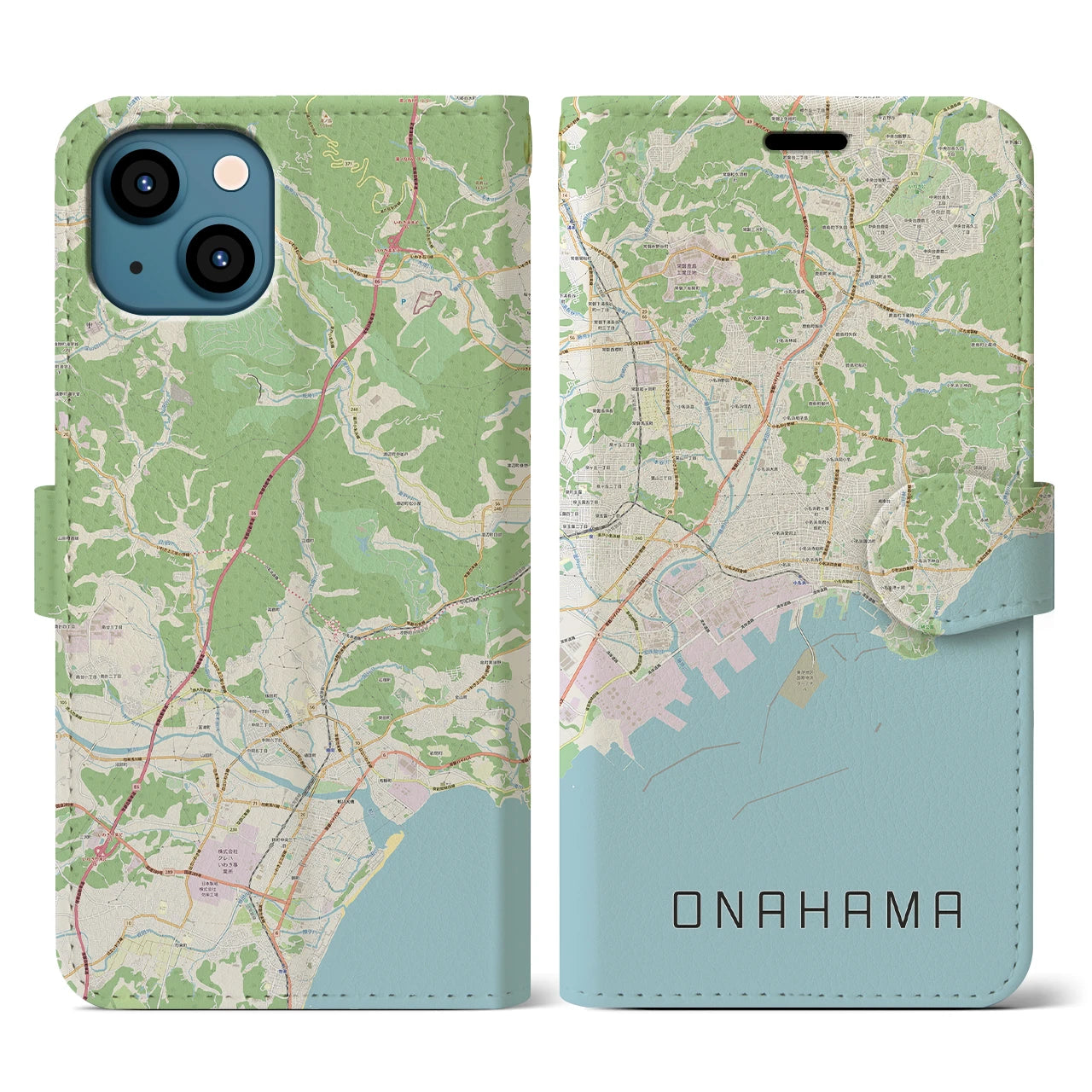 【小名浜(福島県)】地図柄iPhoneケース(手帳タイプ)ナチュラル・iPhone 13 用