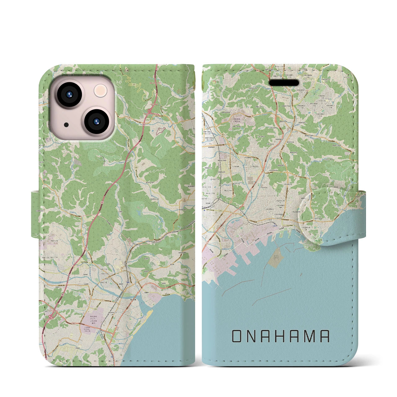 【小名浜(福島県)】地図柄iPhoneケース(手帳タイプ)ナチュラル・iPhone 13 mini 用