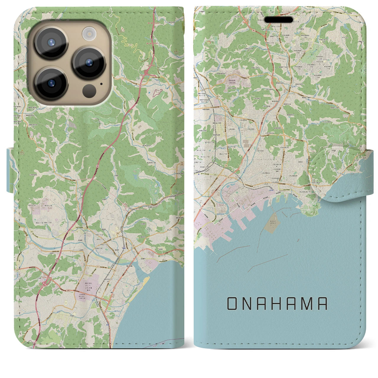 【小名浜(福島県)】地図柄iPhoneケース(手帳タイプ)ナチュラル・iPhone 14 Pro Max 用