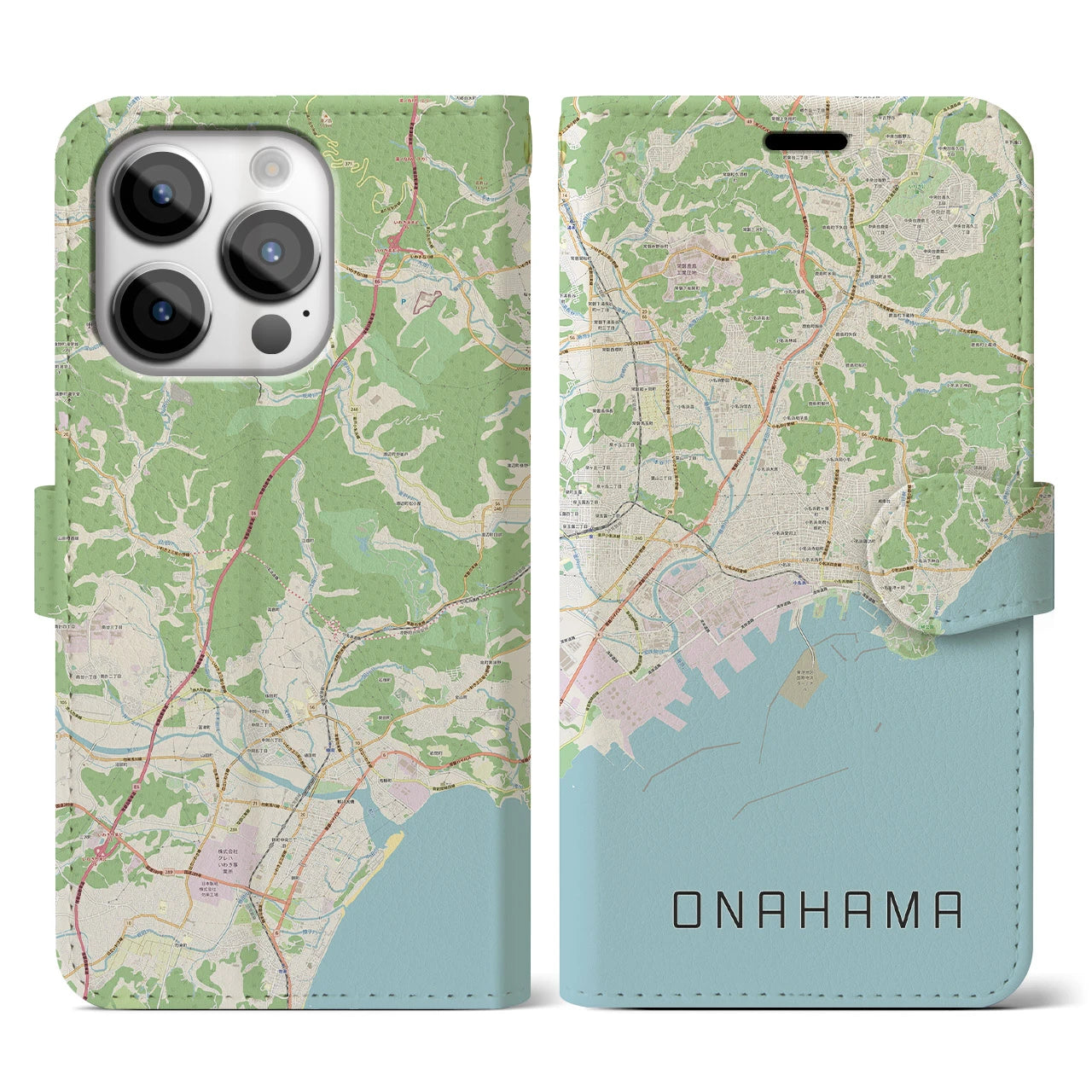 【小名浜(福島県)】地図柄iPhoneケース(手帳タイプ)ナチュラル・iPhone 14 Pro 用