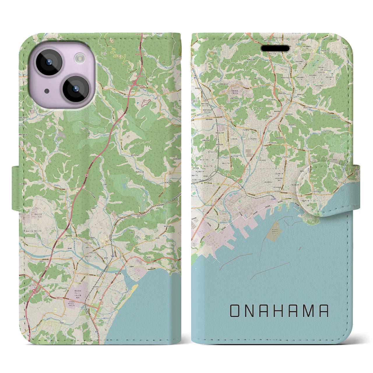 【小名浜(福島県)】地図柄iPhoneケース(手帳タイプ)ナチュラル・iPhone 14 用