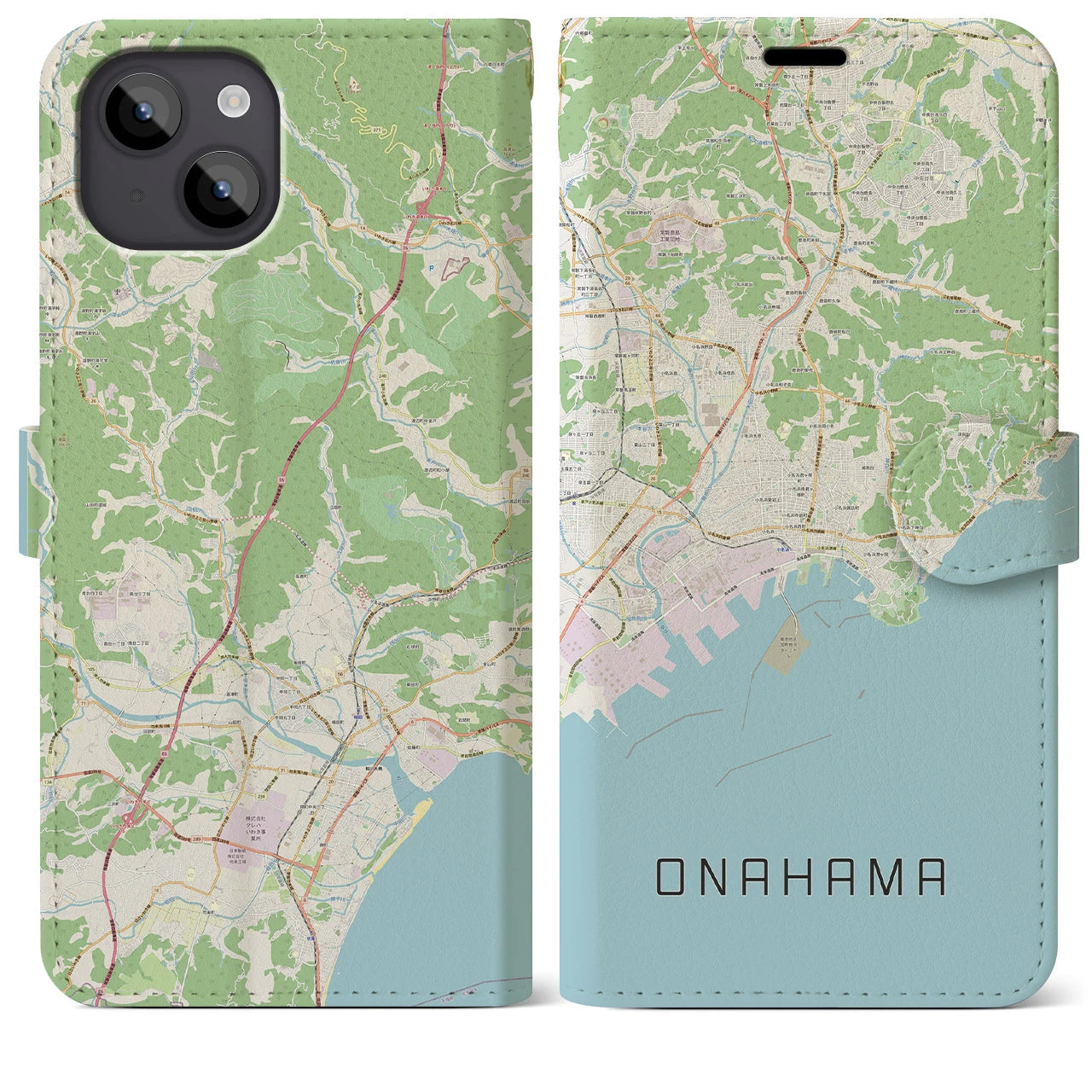 【小名浜(福島県)】地図柄iPhoneケース(手帳タイプ)ナチュラル・iPhone 14 Plus 用