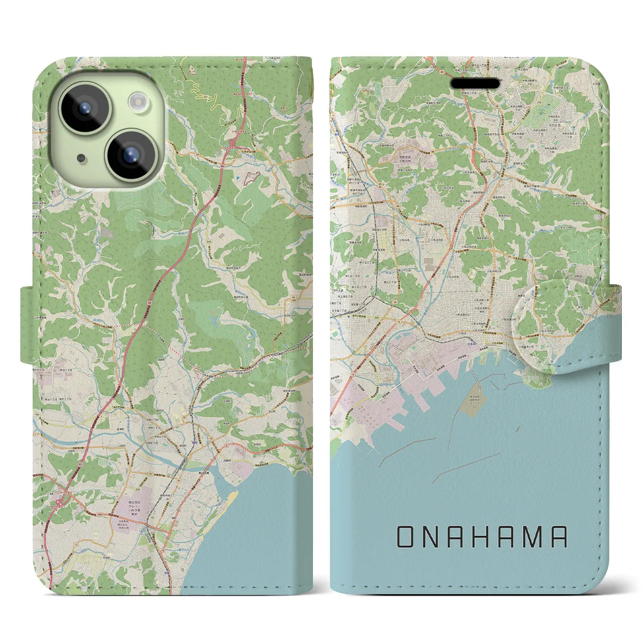 【小名浜(福島県)】地図柄iPhoneケース(手帳タイプ)ナチュラル・iPhone 15 用