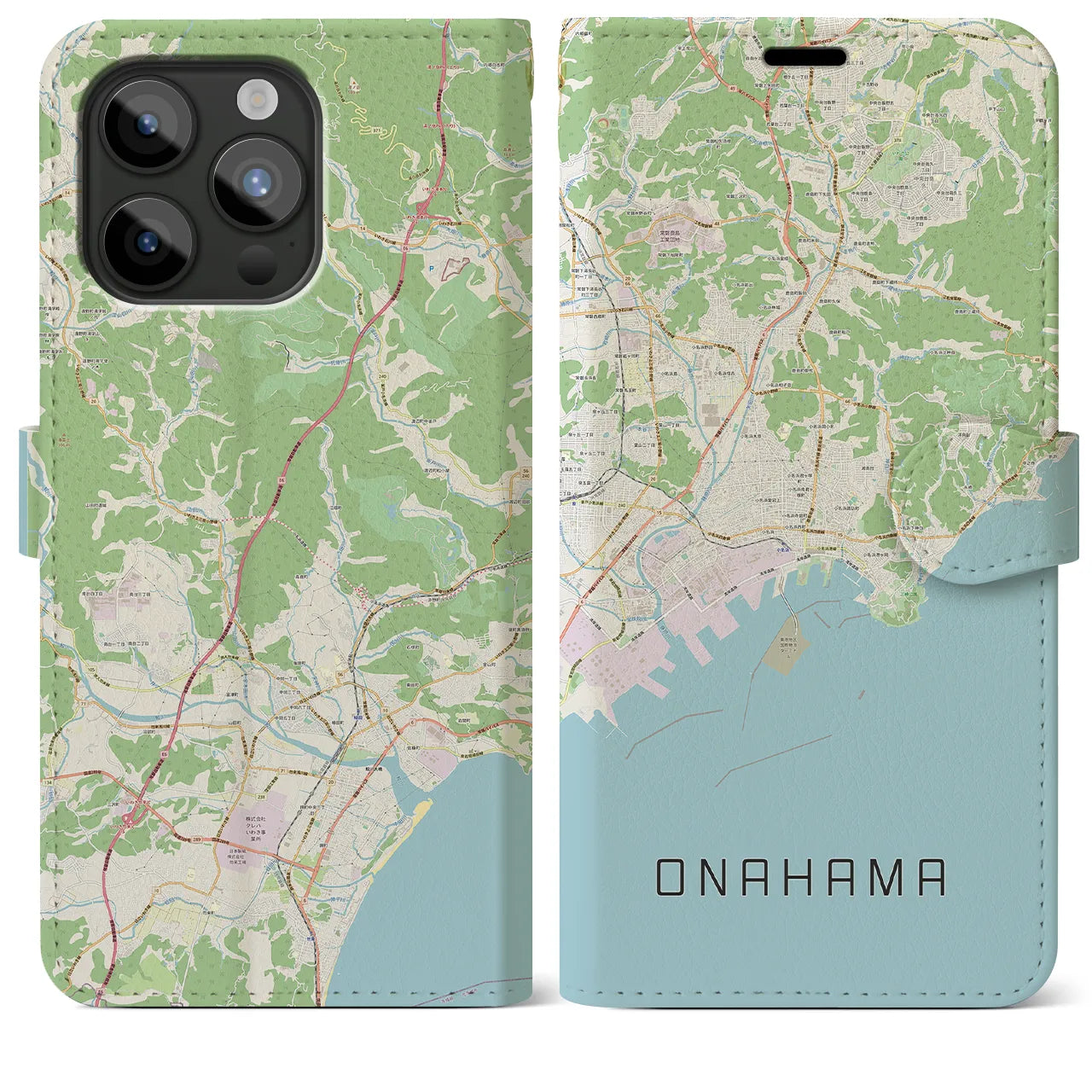 【小名浜(福島県)】地図柄iPhoneケース(手帳タイプ)ナチュラル・iPhone 15 Pro Max 用