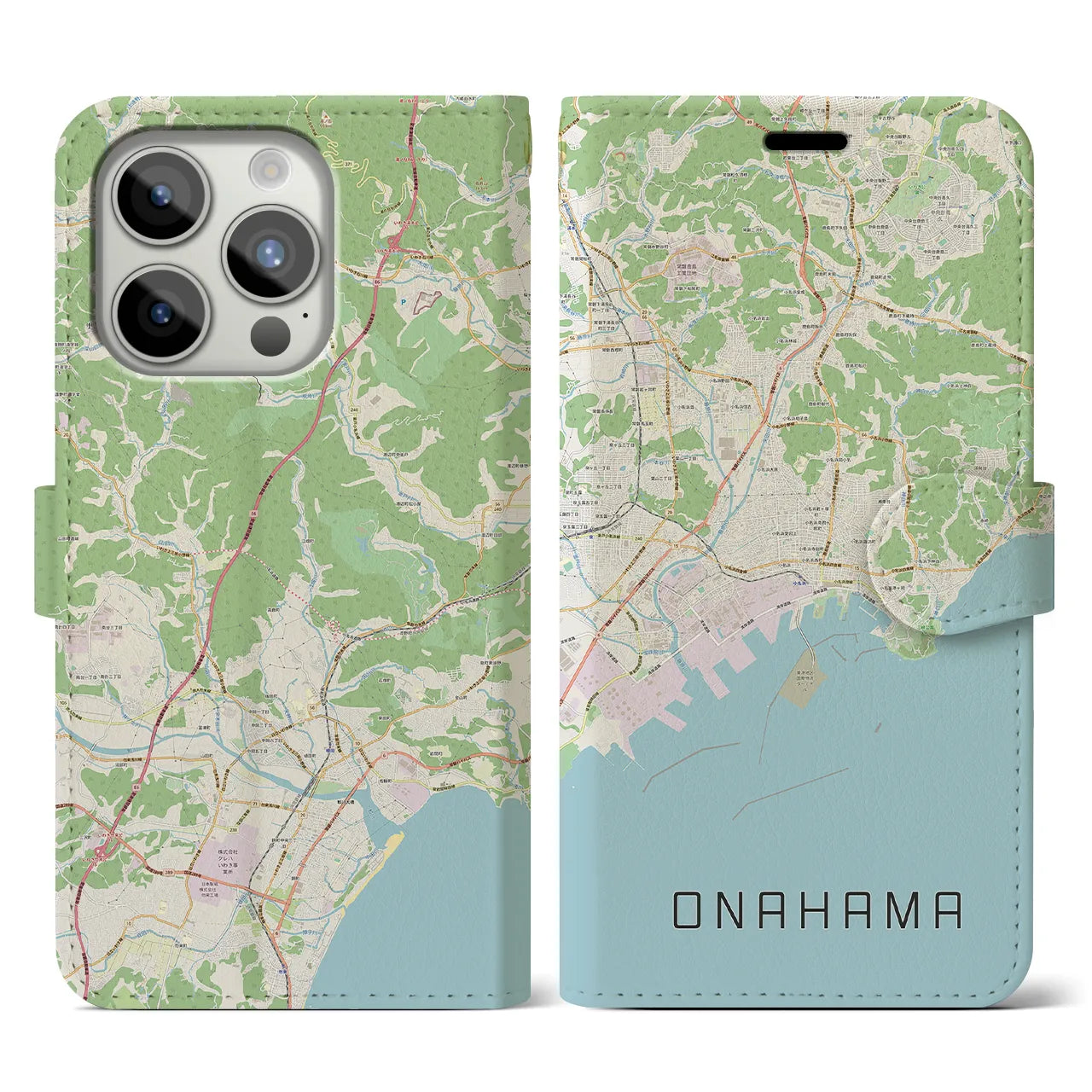 【小名浜(福島県)】地図柄iPhoneケース(手帳タイプ)ナチュラル・iPhone 15 Pro 用