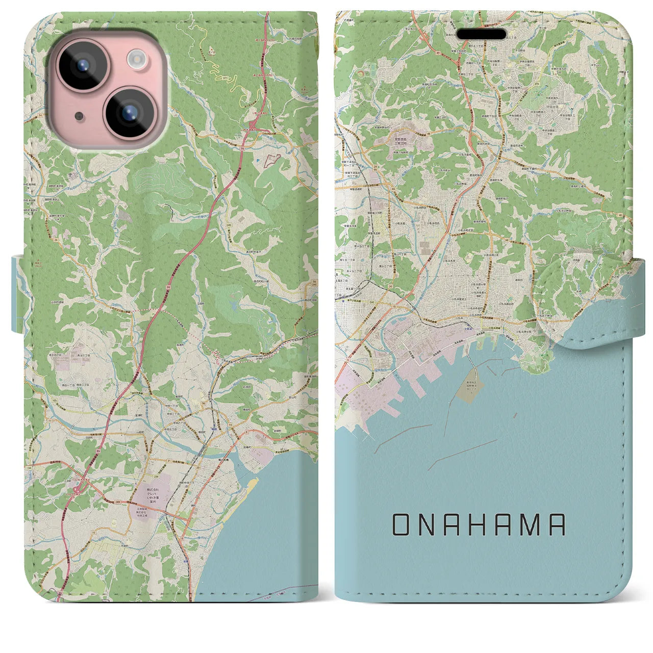 【小名浜(福島県)】地図柄iPhoneケース(手帳タイプ)ナチュラル・iPhone 15 Plus 用
