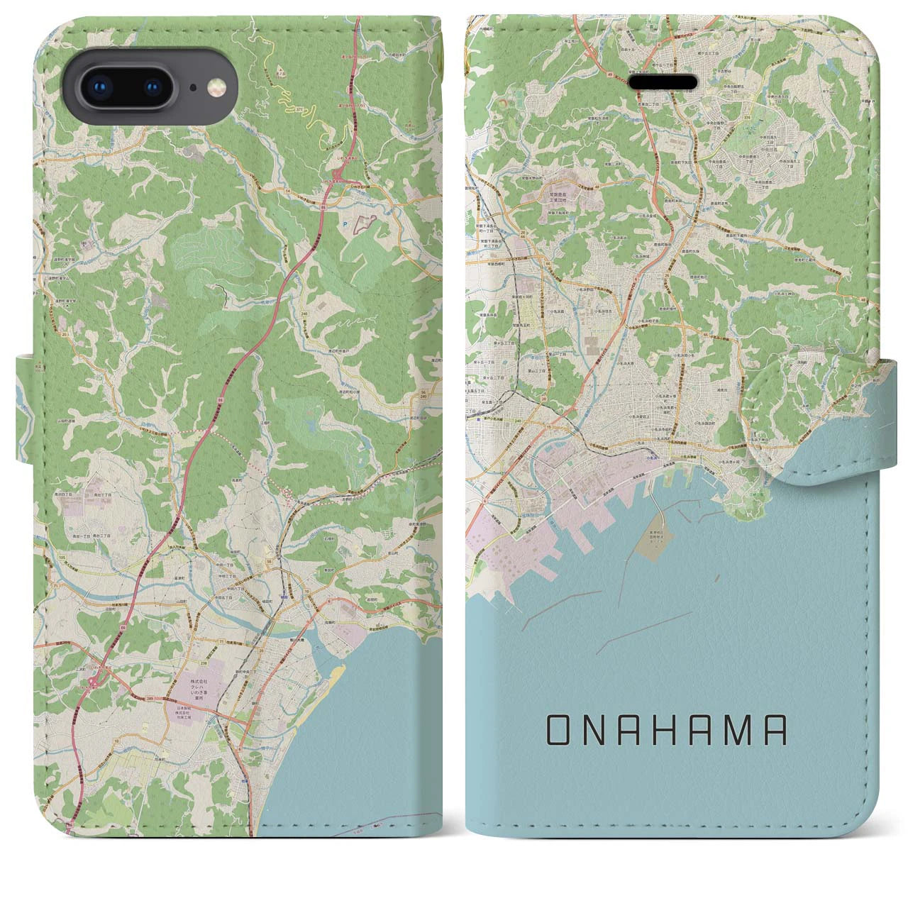 【小名浜(福島県)】地図柄iPhoneケース(手帳タイプ)ナチュラル・iPhone 8Plus /7Plus / 6sPlus / 6Plus 用
