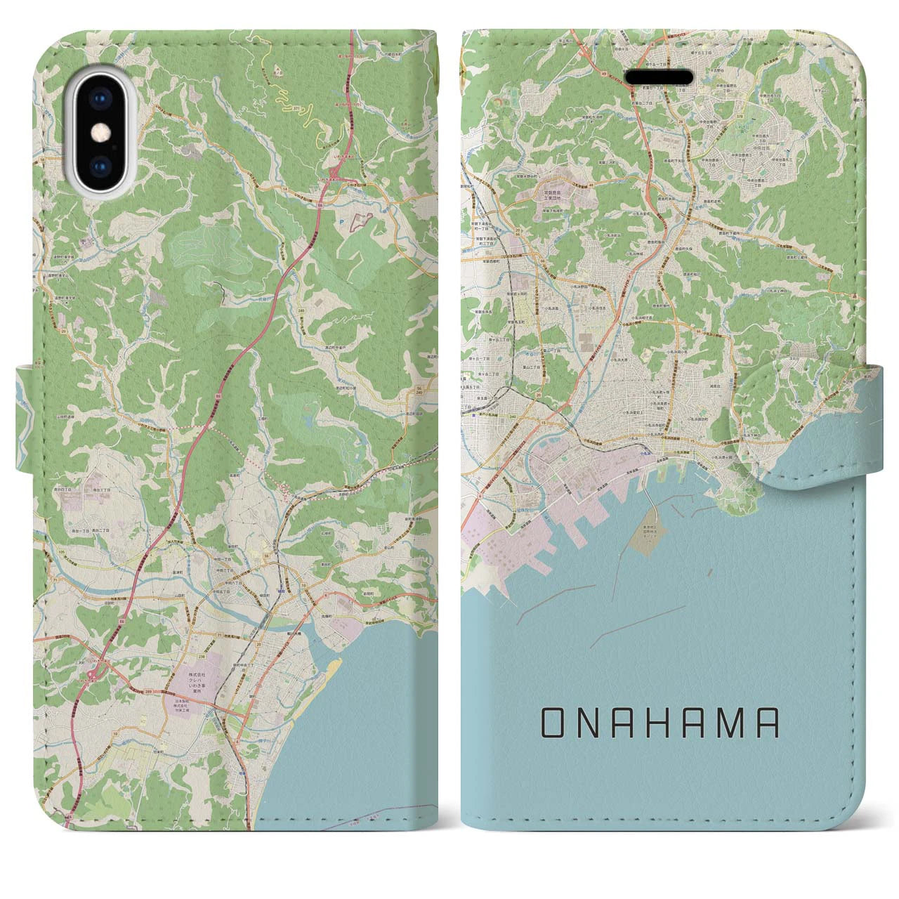 【小名浜(福島県)】地図柄iPhoneケース(手帳タイプ)ナチュラル・iPhone XS Max 用
