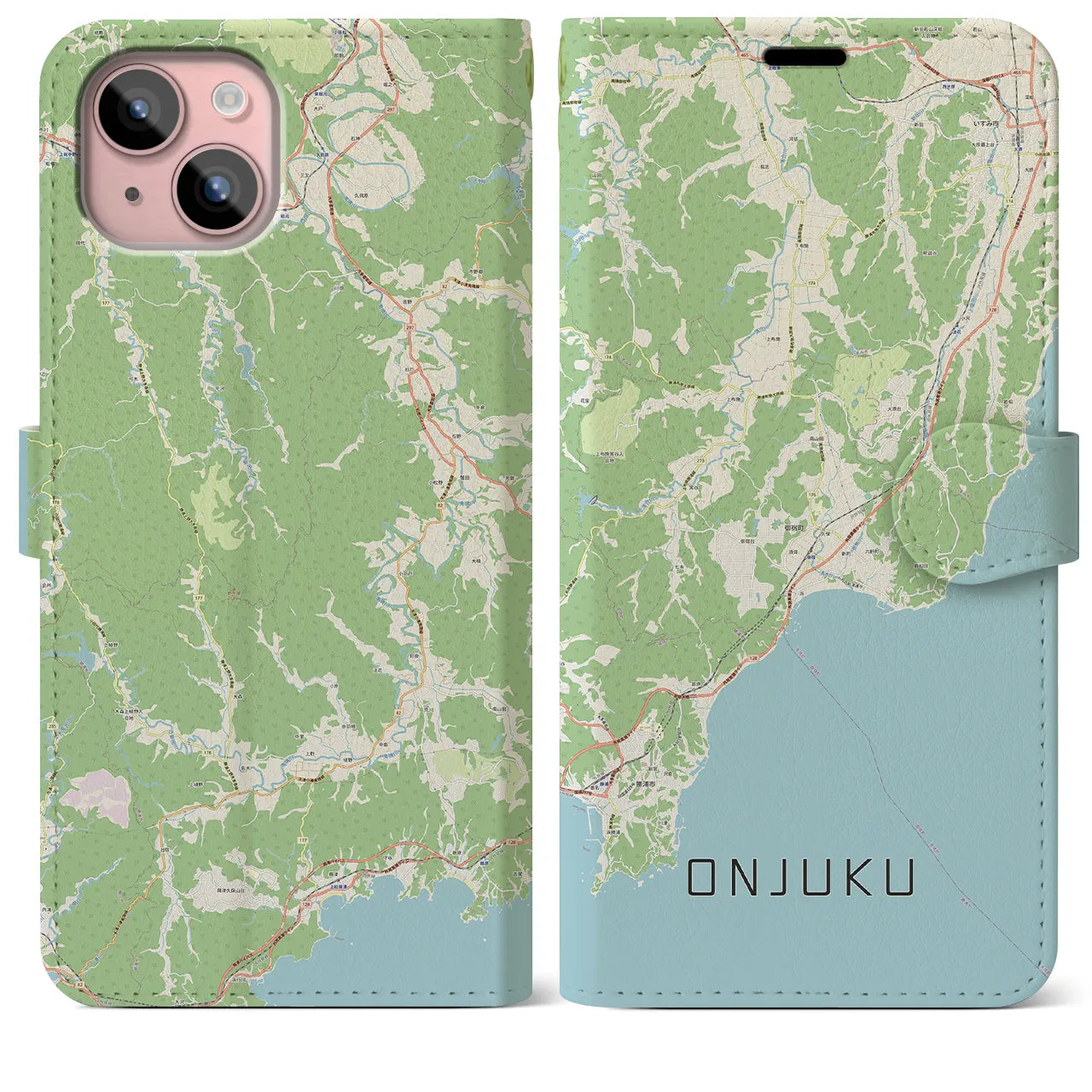 【御宿(千葉県)】地図柄iPhoneケース(手帳タイプ)ナチュラル・iPhone 15 Plus 用