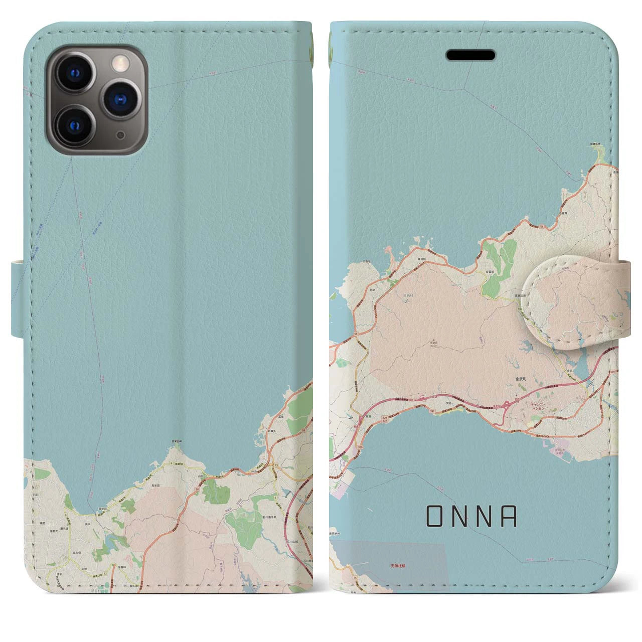【恩納(沖縄県)】地図柄iPhoneケース(手帳タイプ)ナチュラル・iPhone 11 Pro Max 用