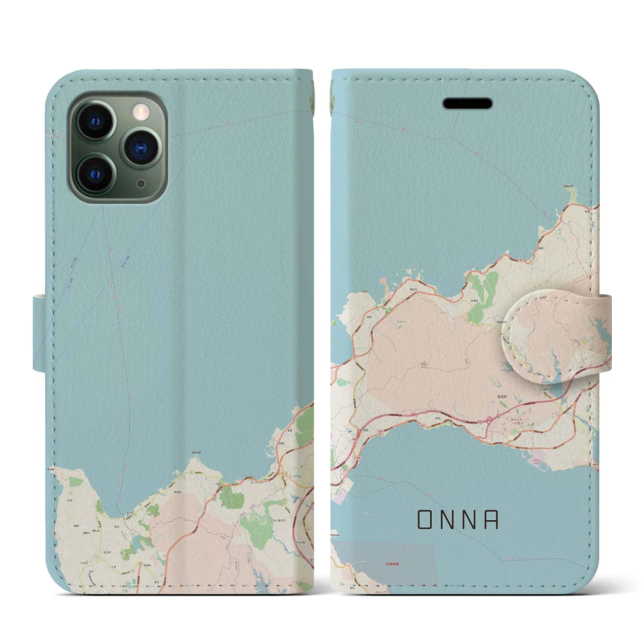 【恩納(沖縄県)】地図柄iPhoneケース(手帳タイプ)ナチュラル・iPhone 11 Pro 用