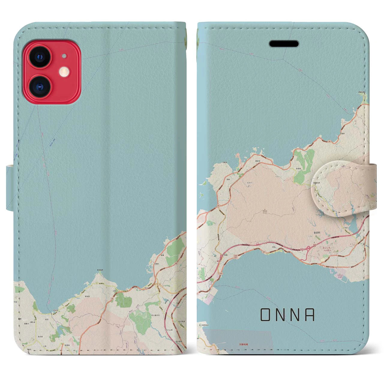 【恩納(沖縄県)】地図柄iPhoneケース(手帳タイプ)ナチュラル・iPhone 11 用