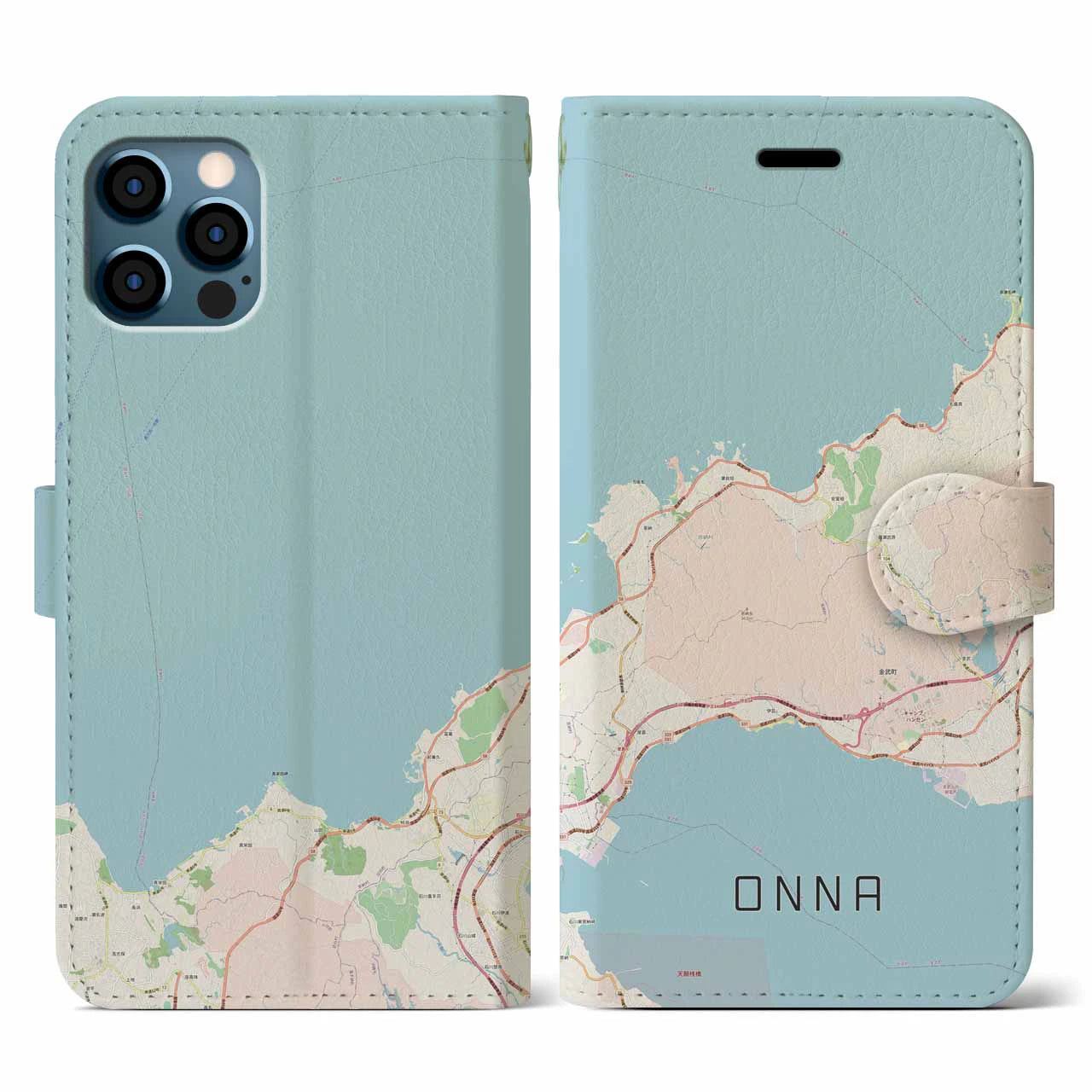 【恩納(沖縄県)】地図柄iPhoneケース(手帳タイプ)ナチュラル・iPhone 12 / 12 Pro 用