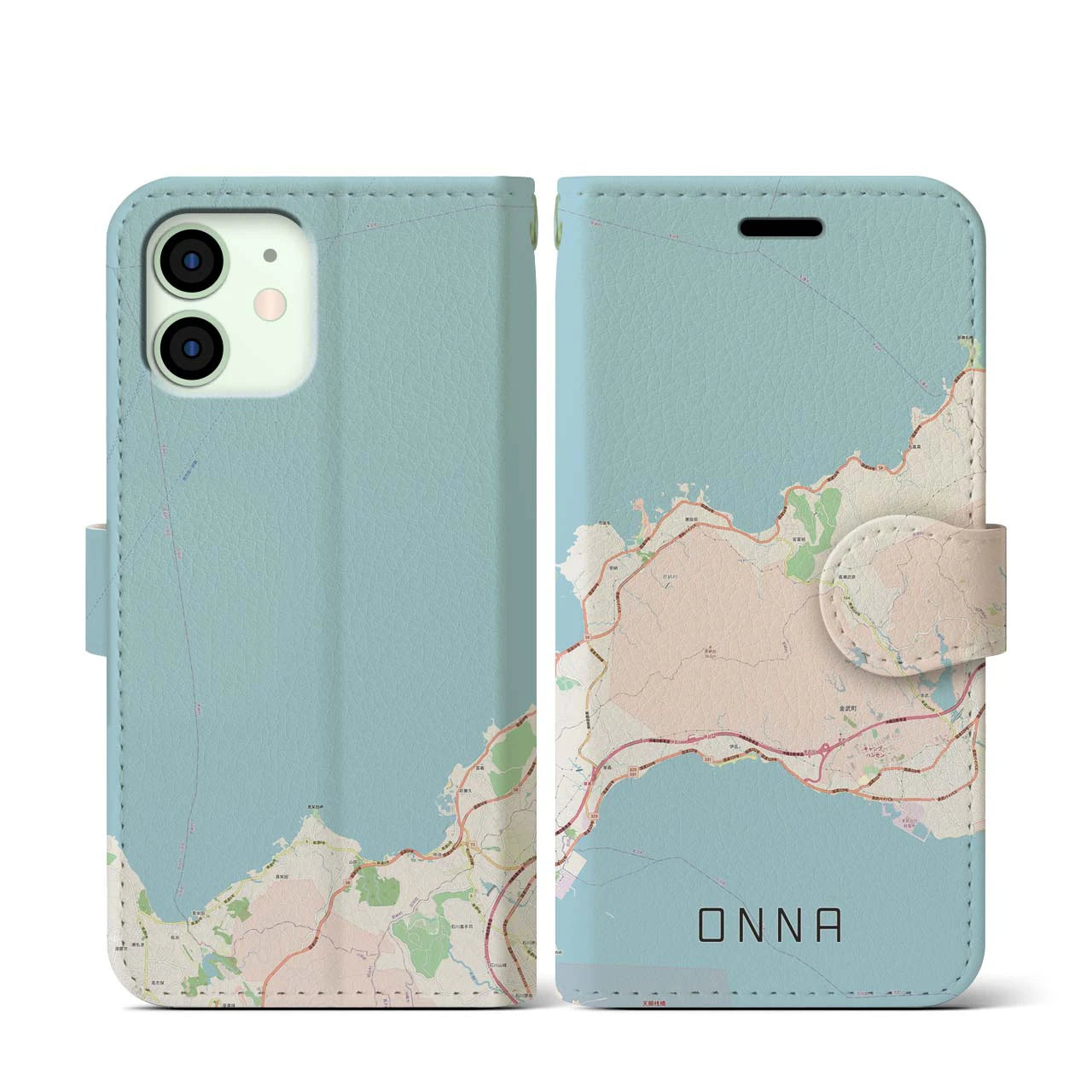 【恩納(沖縄県)】地図柄iPhoneケース(手帳タイプ)ナチュラル・iPhone 12 mini 用