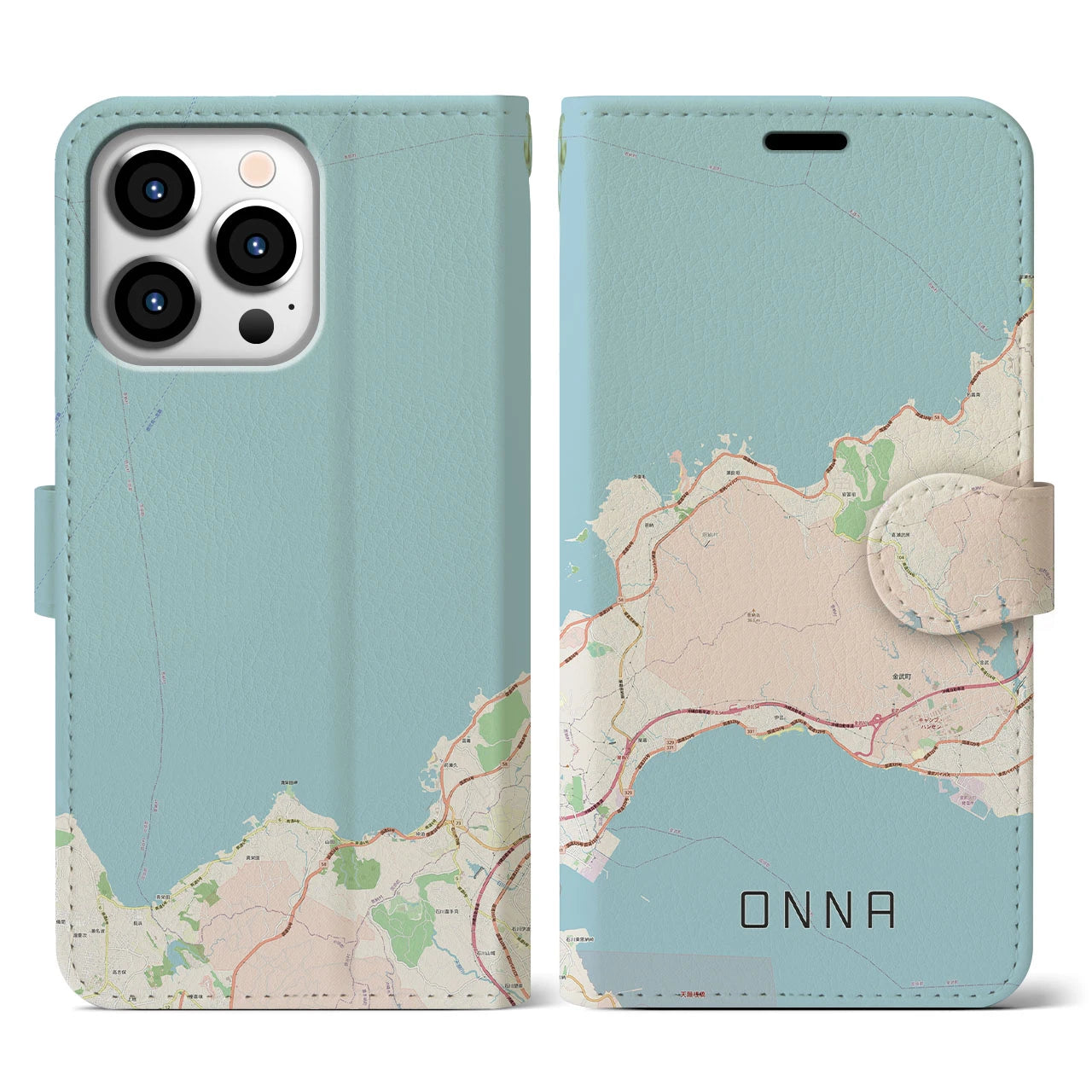 【恩納(沖縄県)】地図柄iPhoneケース(手帳タイプ)ナチュラル・iPhone 13 Pro 用