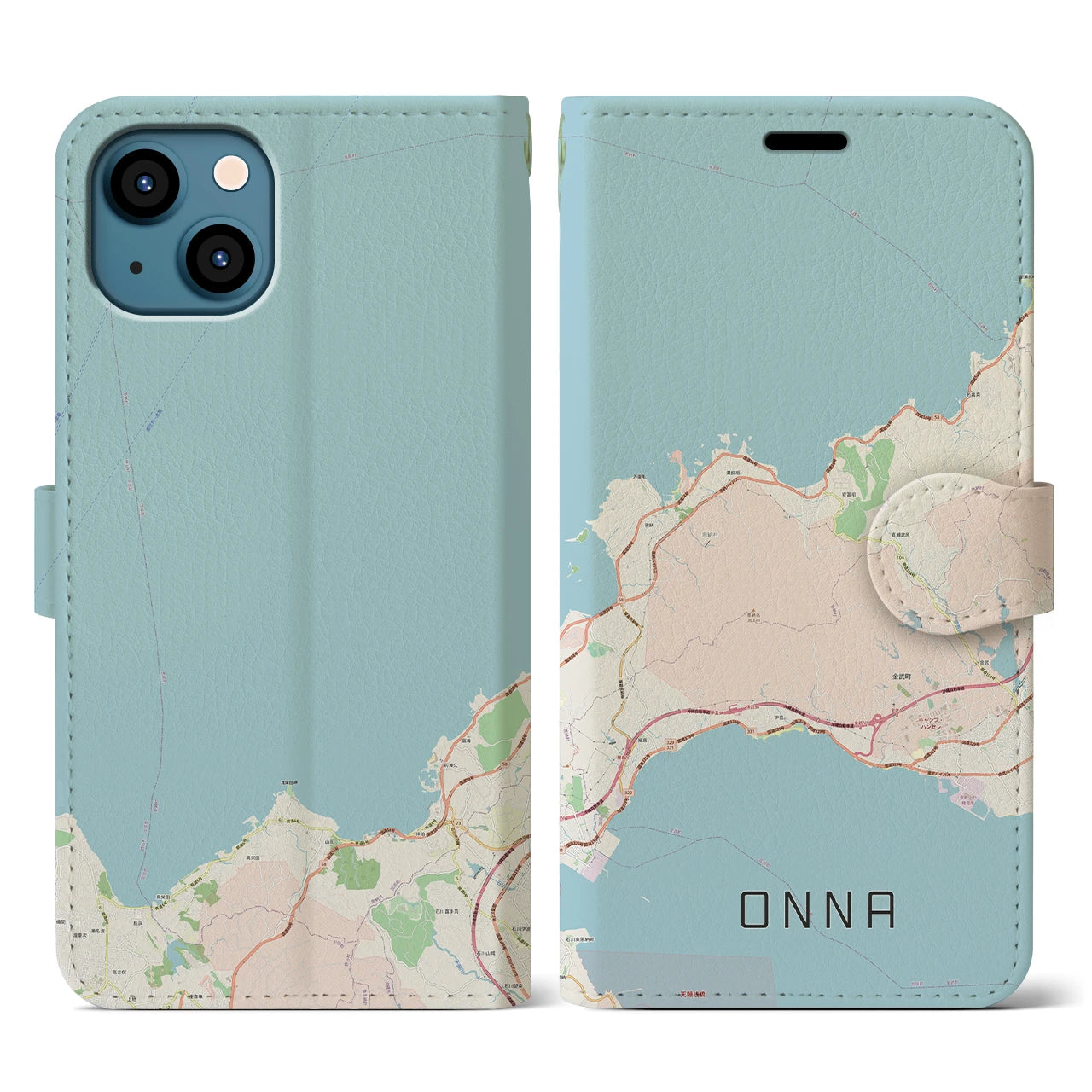 【恩納(沖縄県)】地図柄iPhoneケース(手帳タイプ)ナチュラル・iPhone 13 用