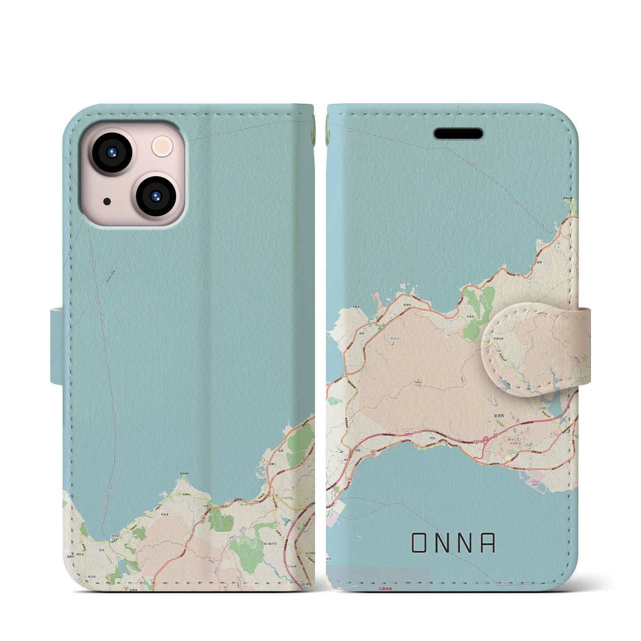 【恩納(沖縄県)】地図柄iPhoneケース(手帳タイプ)ナチュラル・iPhone 13 mini 用