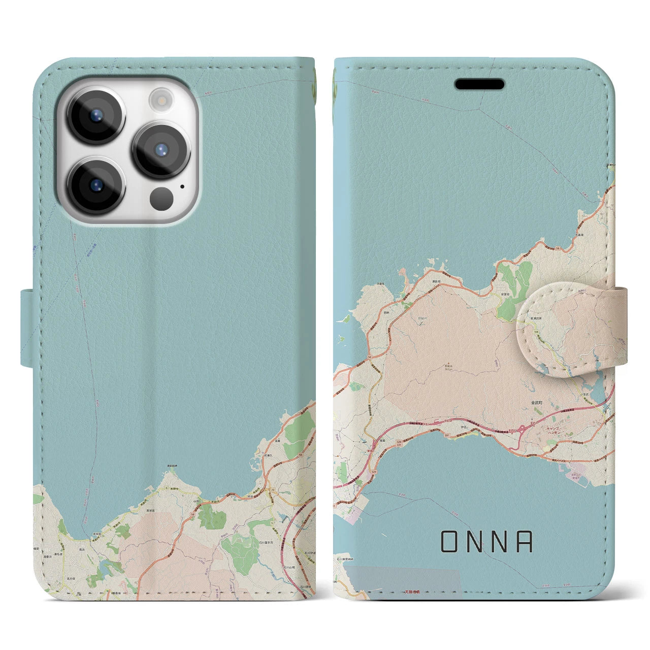 【恩納(沖縄県)】地図柄iPhoneケース(手帳タイプ)ナチュラル・iPhone 14 Pro 用