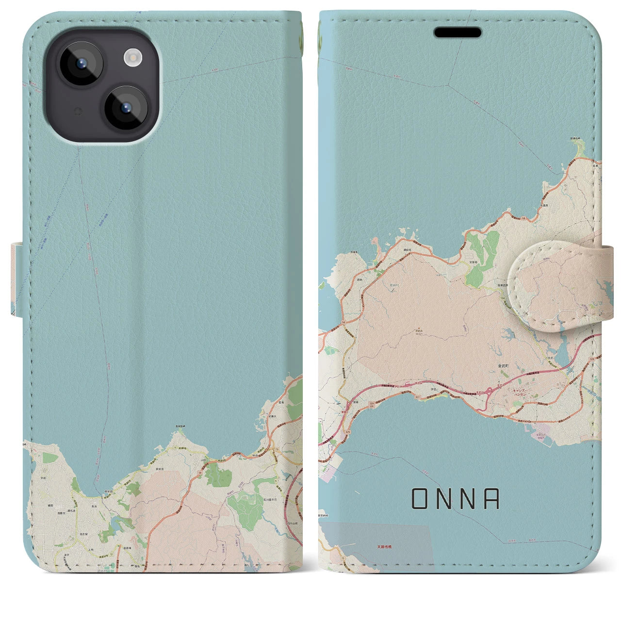 【恩納(沖縄県)】地図柄iPhoneケース(手帳タイプ)ナチュラル・iPhone 14 Plus 用