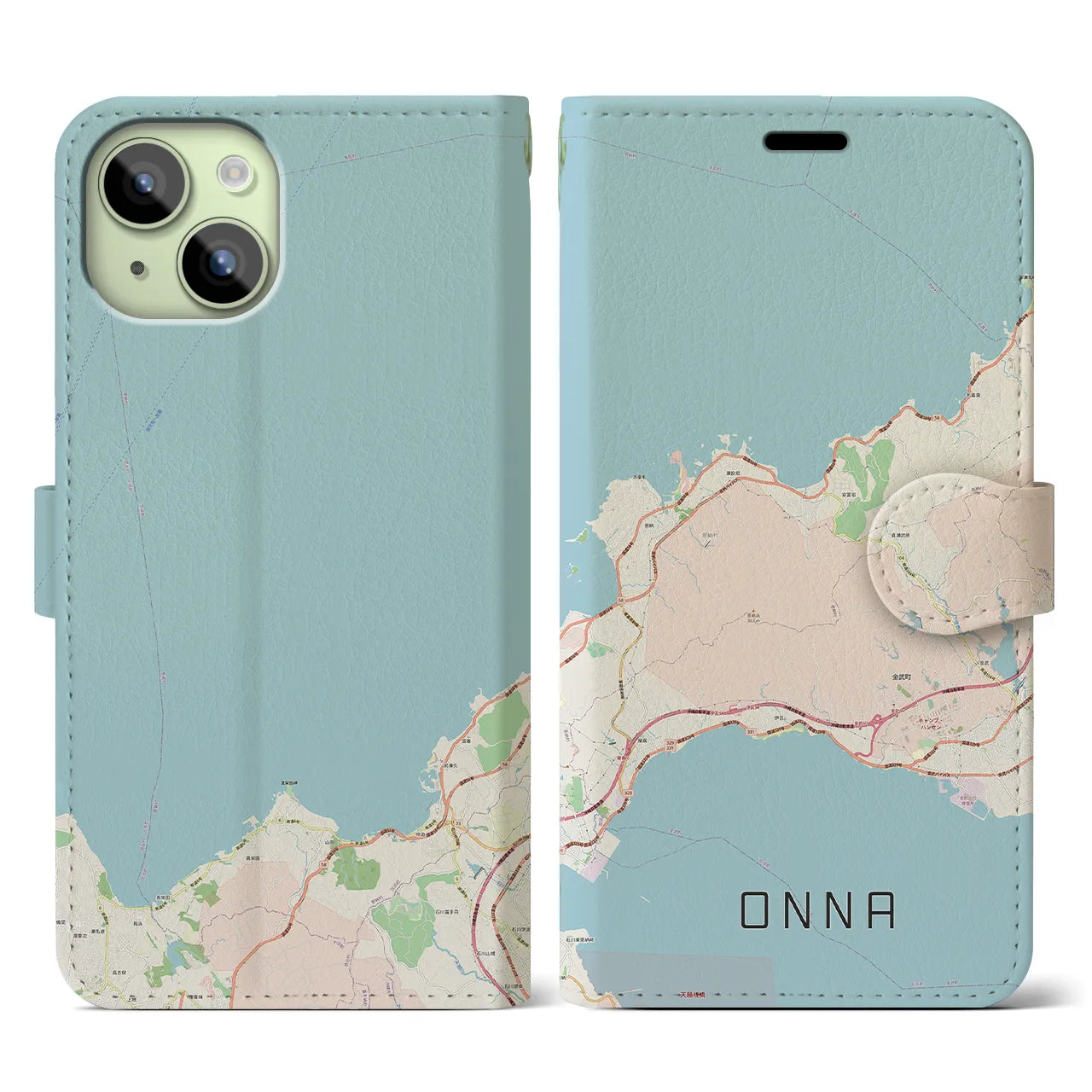 【恩納(沖縄県)】地図柄iPhoneケース(手帳タイプ)ナチュラル・iPhone 15 用