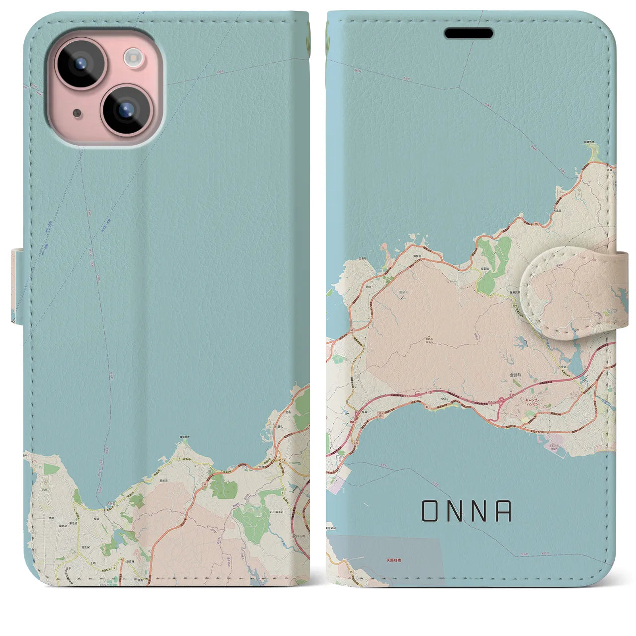【恩納(沖縄県)】地図柄iPhoneケース(手帳タイプ)ナチュラル・iPhone 15 Plus 用