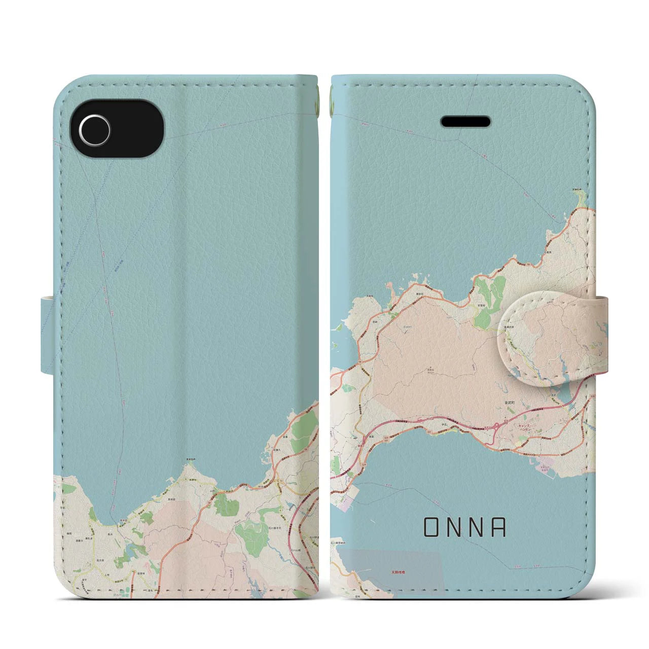 【恩納(沖縄県)】地図柄iPhoneケース(手帳タイプ)ナチュラル・iPhone SE(第3 / 第2世代) / 8 / 7 / 6s / 6 用