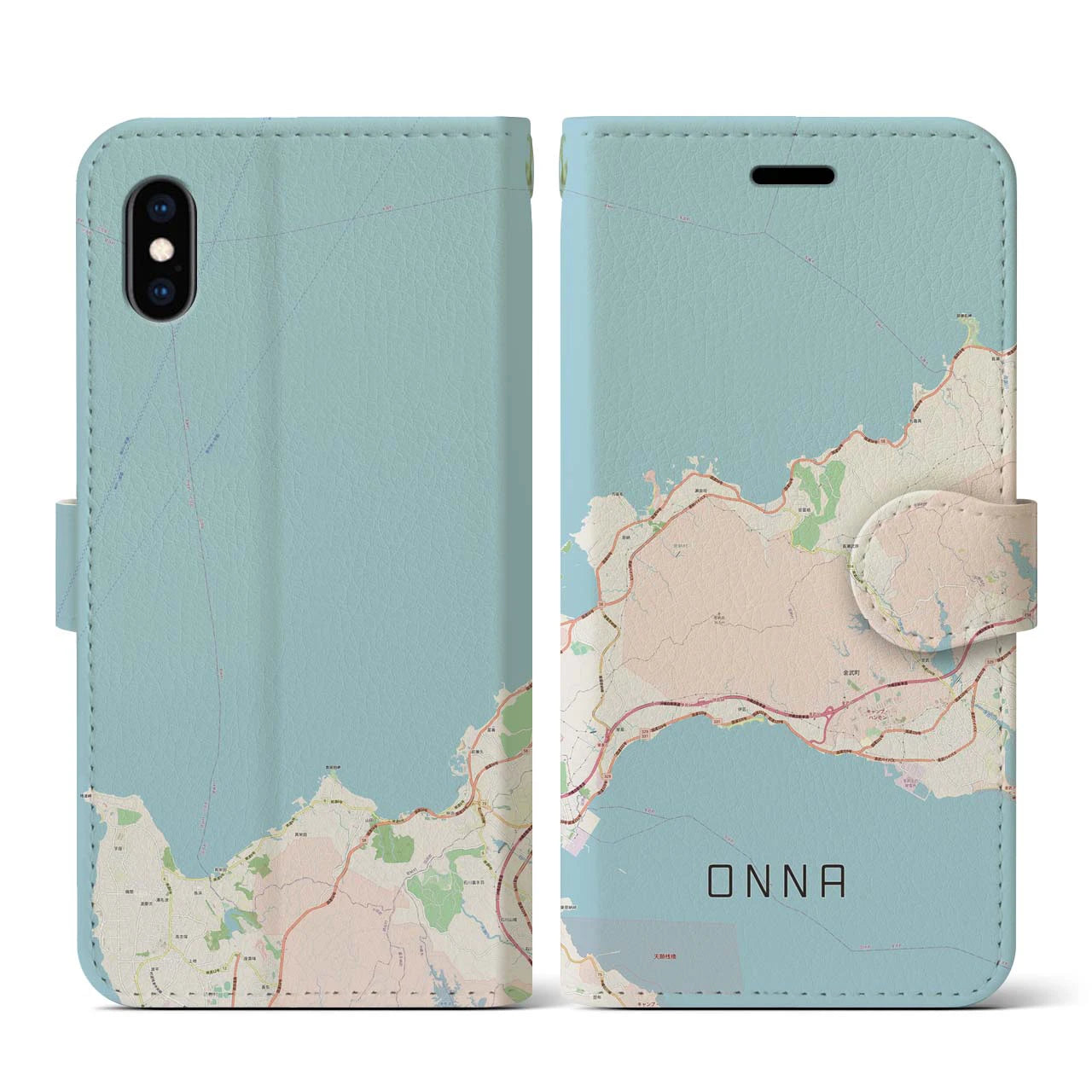 【恩納(沖縄県)】地図柄iPhoneケース(手帳タイプ)ナチュラル・iPhone XS / X 用