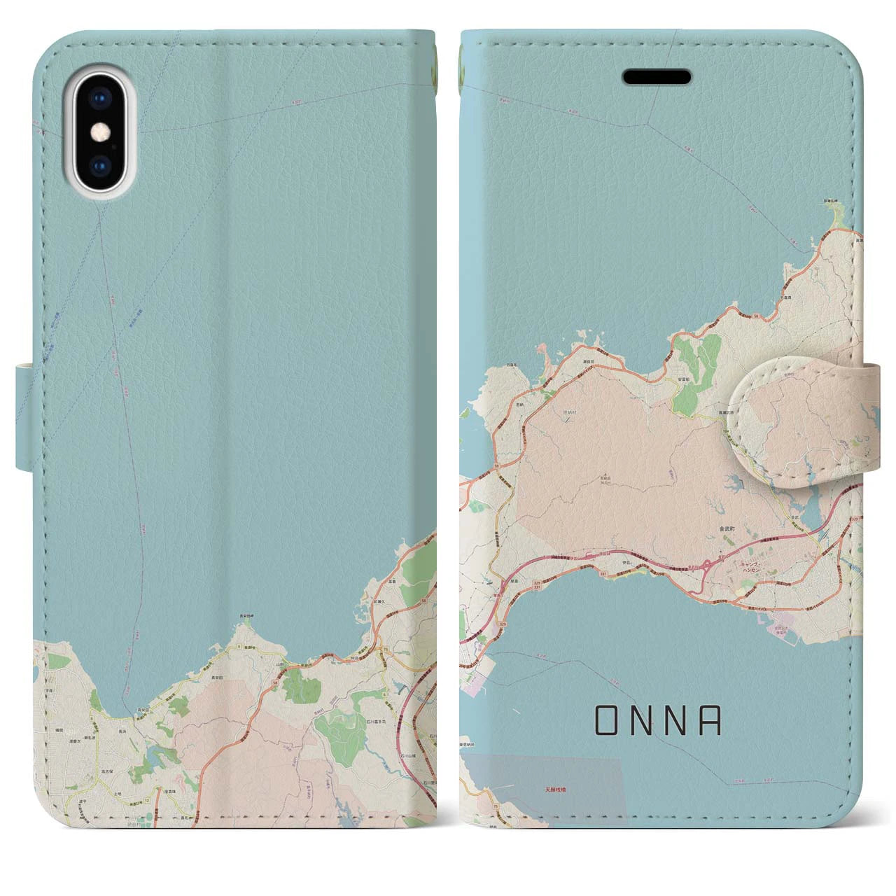 【恩納(沖縄県)】地図柄iPhoneケース(手帳タイプ)ナチュラル・iPhone XS Max 用