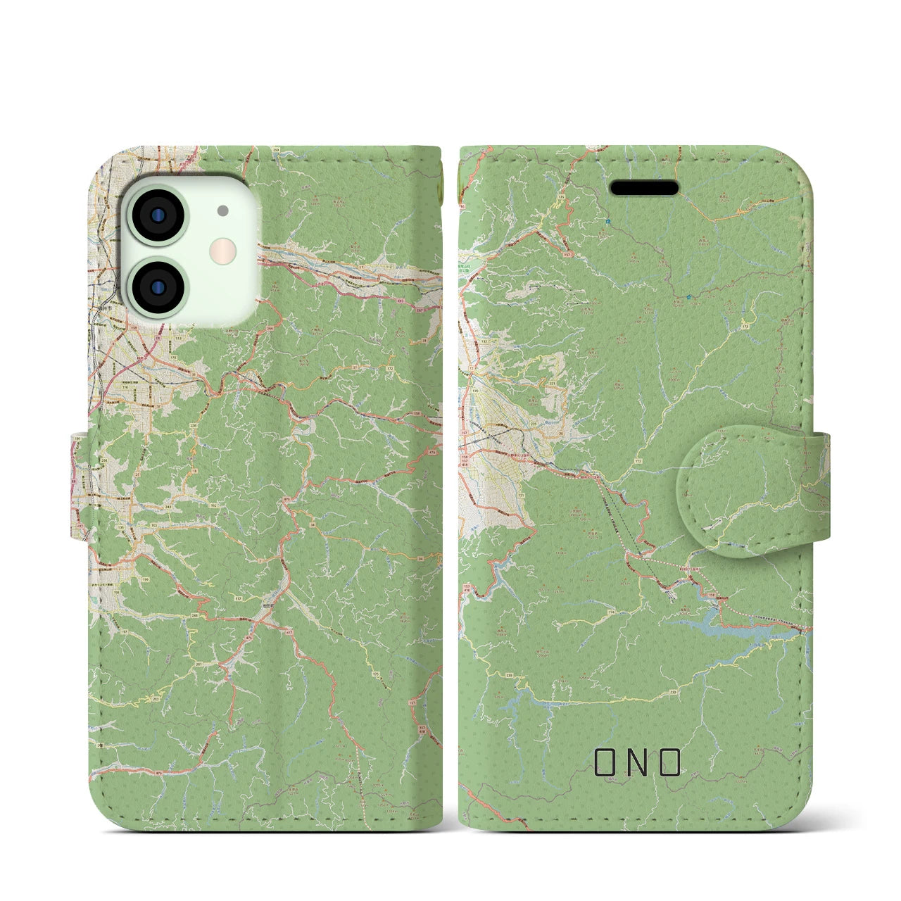 【大野(福井県)】地図柄iPhoneケース(手帳タイプ)ナチュラル・iPhone 12 mini 用