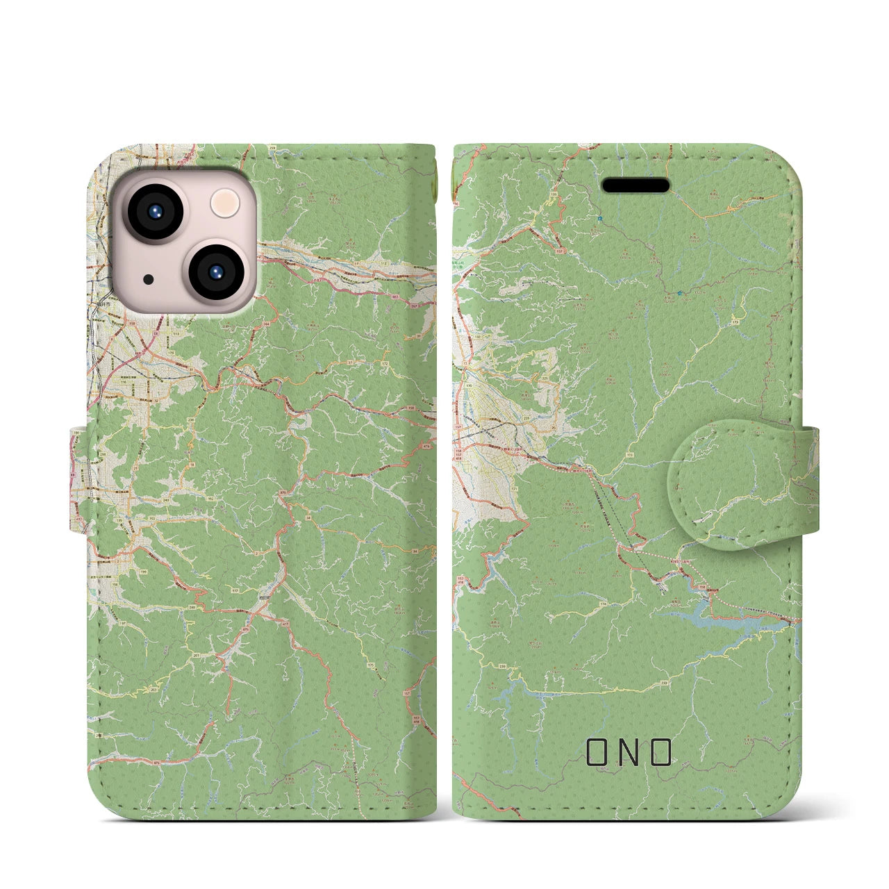 【大野(福井県)】地図柄iPhoneケース(手帳タイプ)ナチュラル・iPhone 13 mini 用