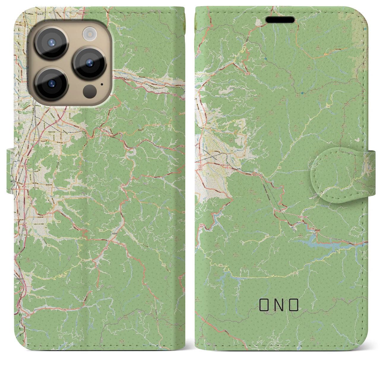【大野(福井県)】地図柄iPhoneケース(手帳タイプ)ナチュラル・iPhone 14 Pro Max 用