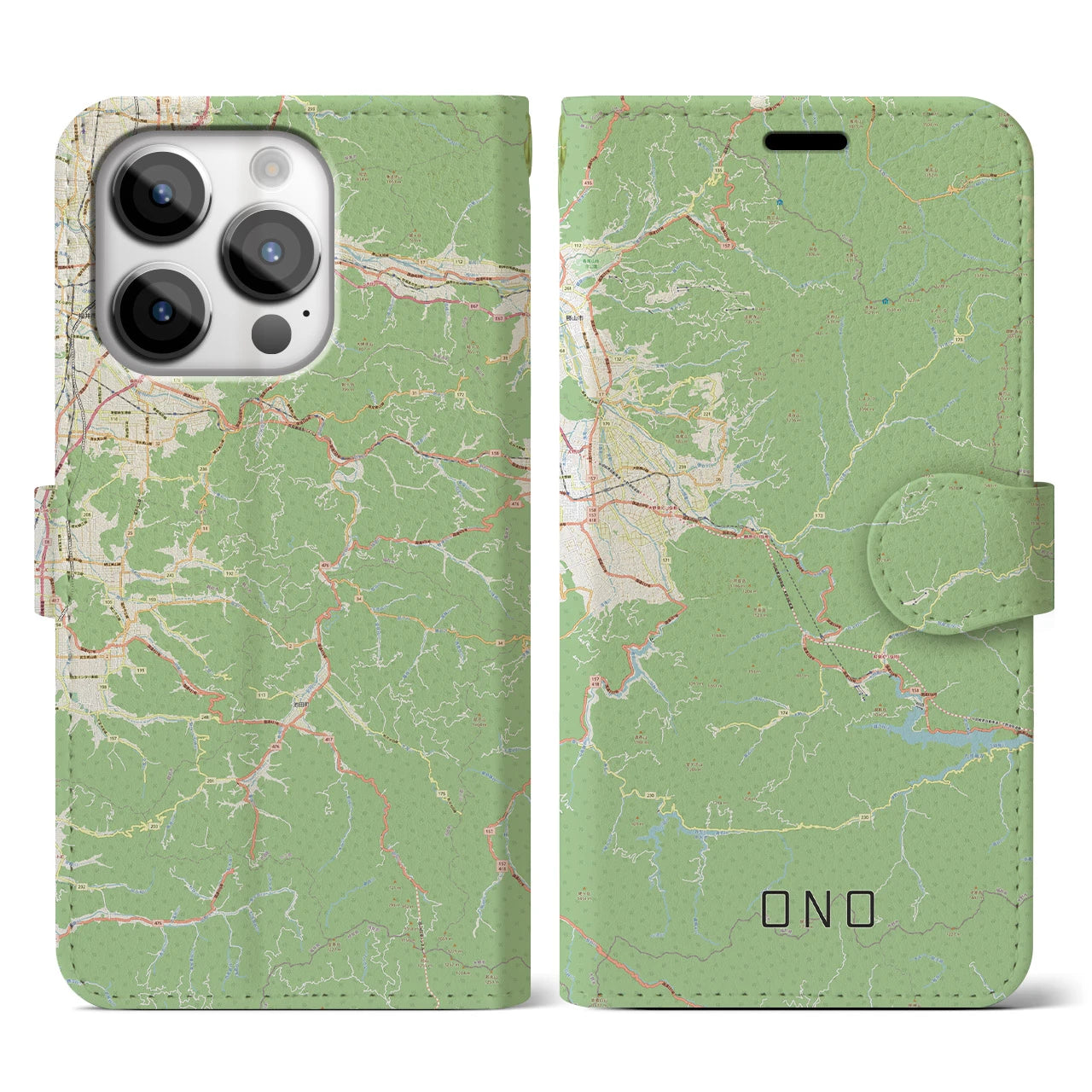 【大野(福井県)】地図柄iPhoneケース(手帳タイプ)ナチュラル・iPhone 14 Pro 用