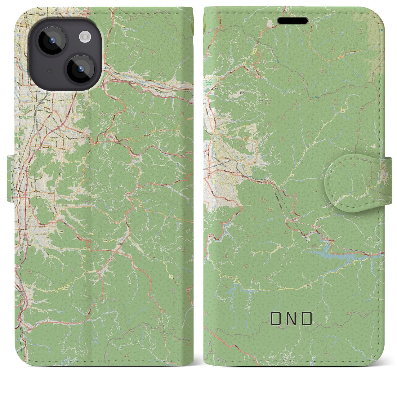 【大野(福井県)】地図柄iPhoneケース(手帳タイプ)ナチュラル・iPhone 14 Plus 用