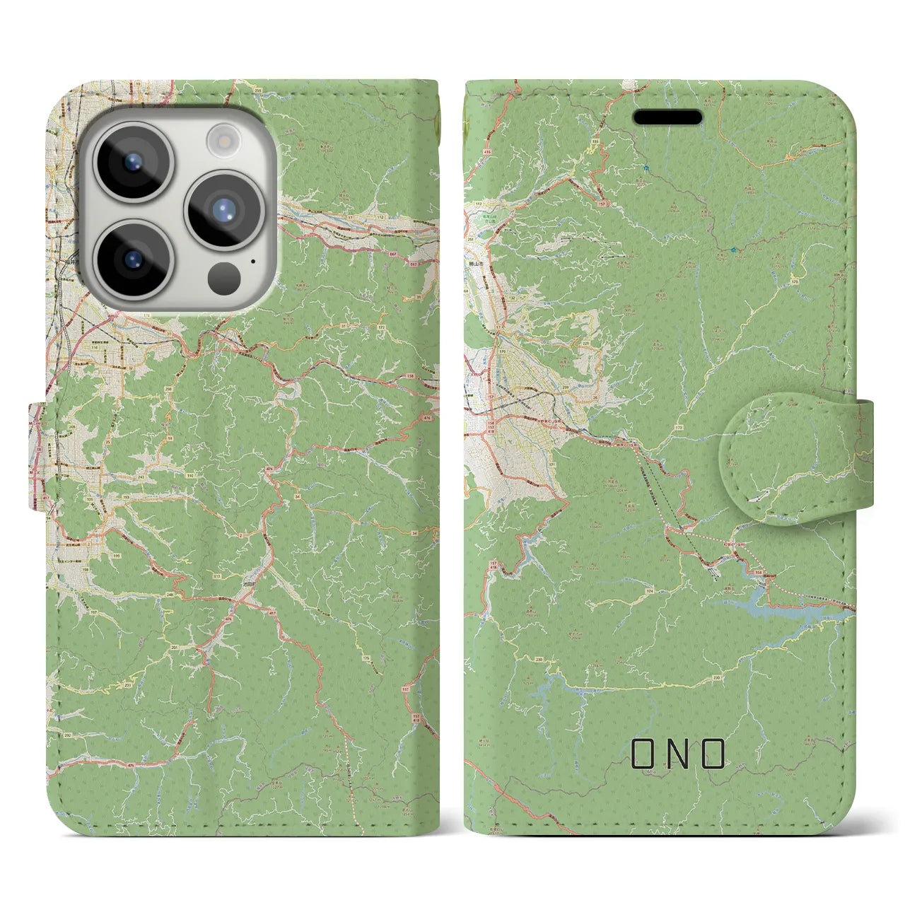 【大野(福井県)】地図柄iPhoneケース(手帳タイプ)ナチュラル・iPhone 15 Pro 用