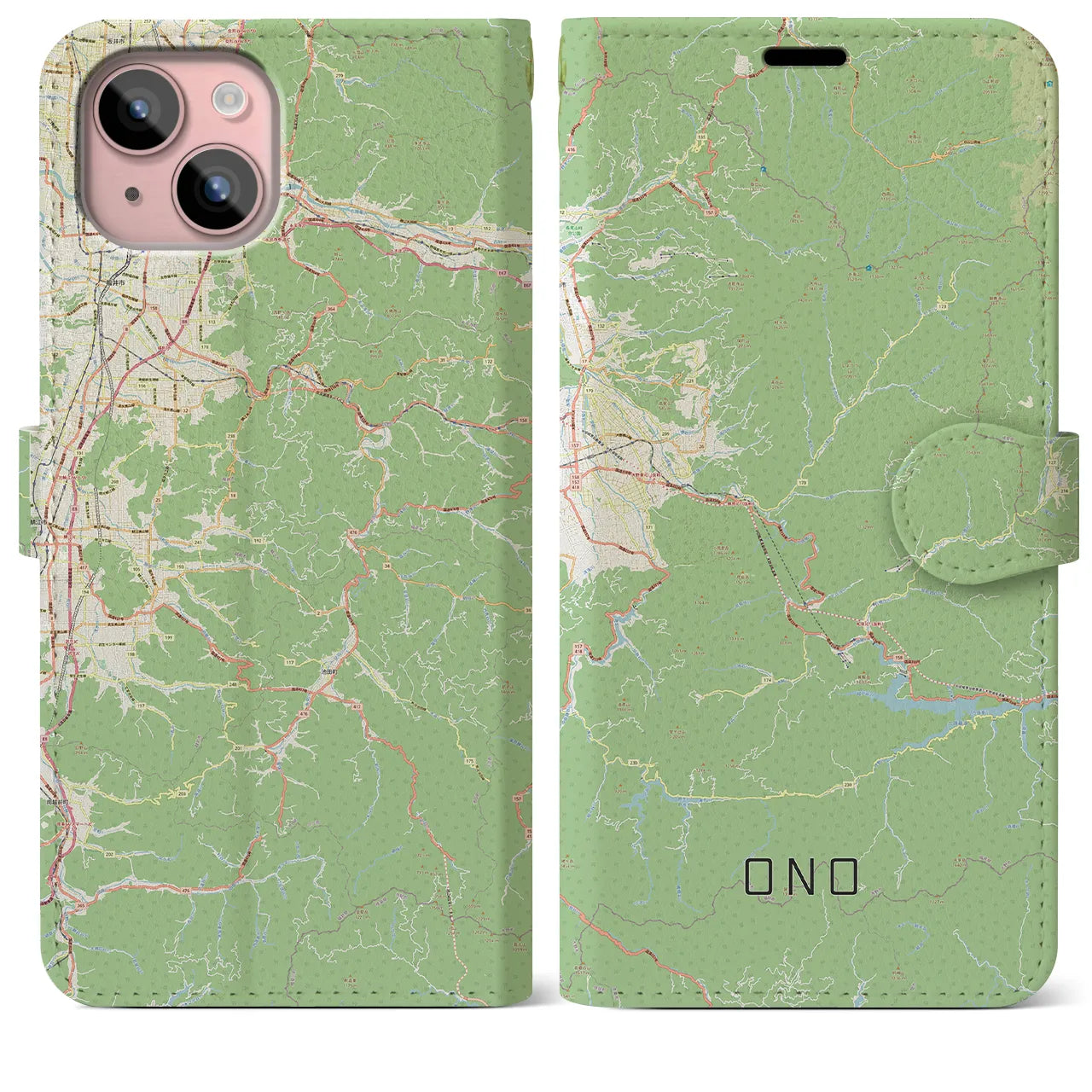 【大野(福井県)】地図柄iPhoneケース(手帳タイプ)ナチュラル・iPhone 15 Plus 用