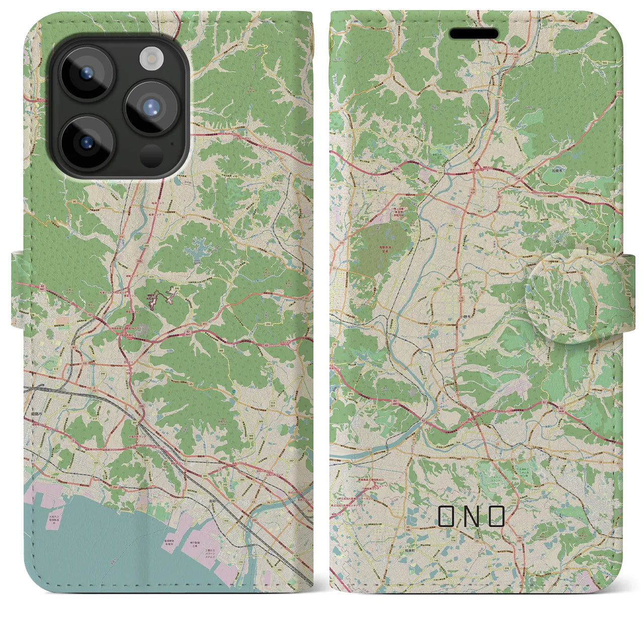 【小野(兵庫県)】地図柄iPhoneケース(手帳タイプ)ナチュラル・iPhone 15 Pro Max 用