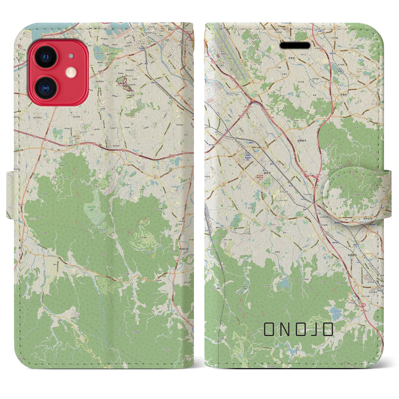 【大野城(福岡県)】地図柄iPhoneケース(手帳タイプ)ナチュラル・iPhone 11 用