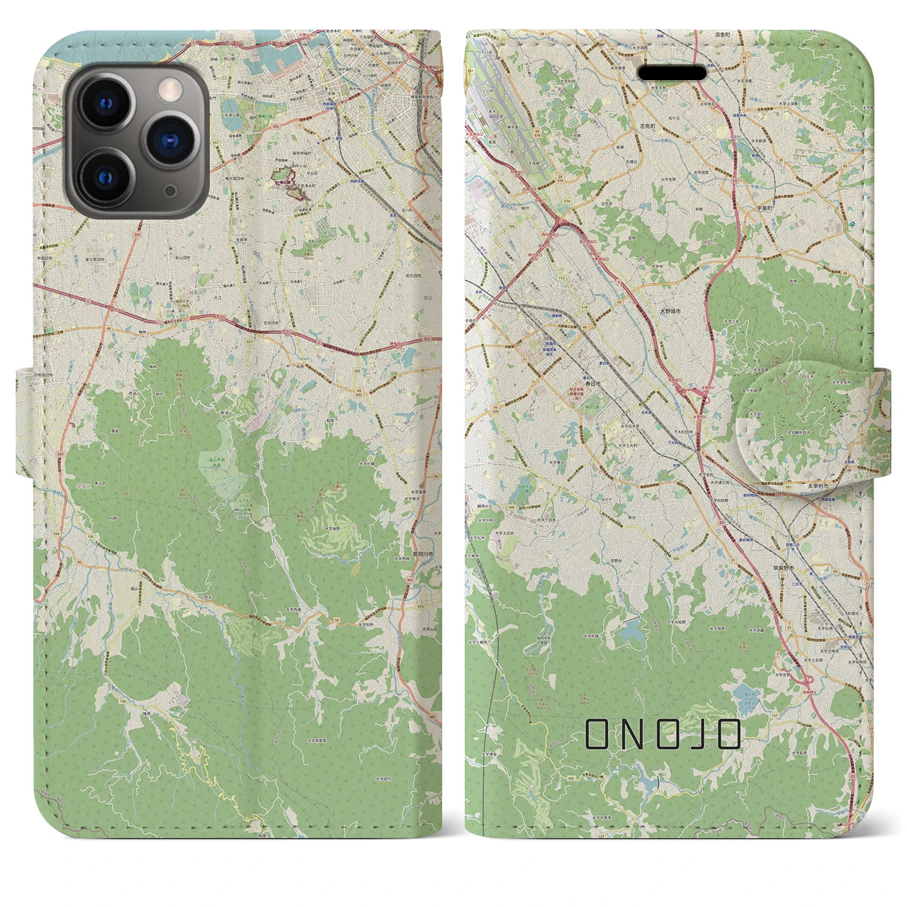 【大野城(福岡県)】地図柄iPhoneケース(手帳タイプ)ナチュラル・iPhone 11 Pro Max 用