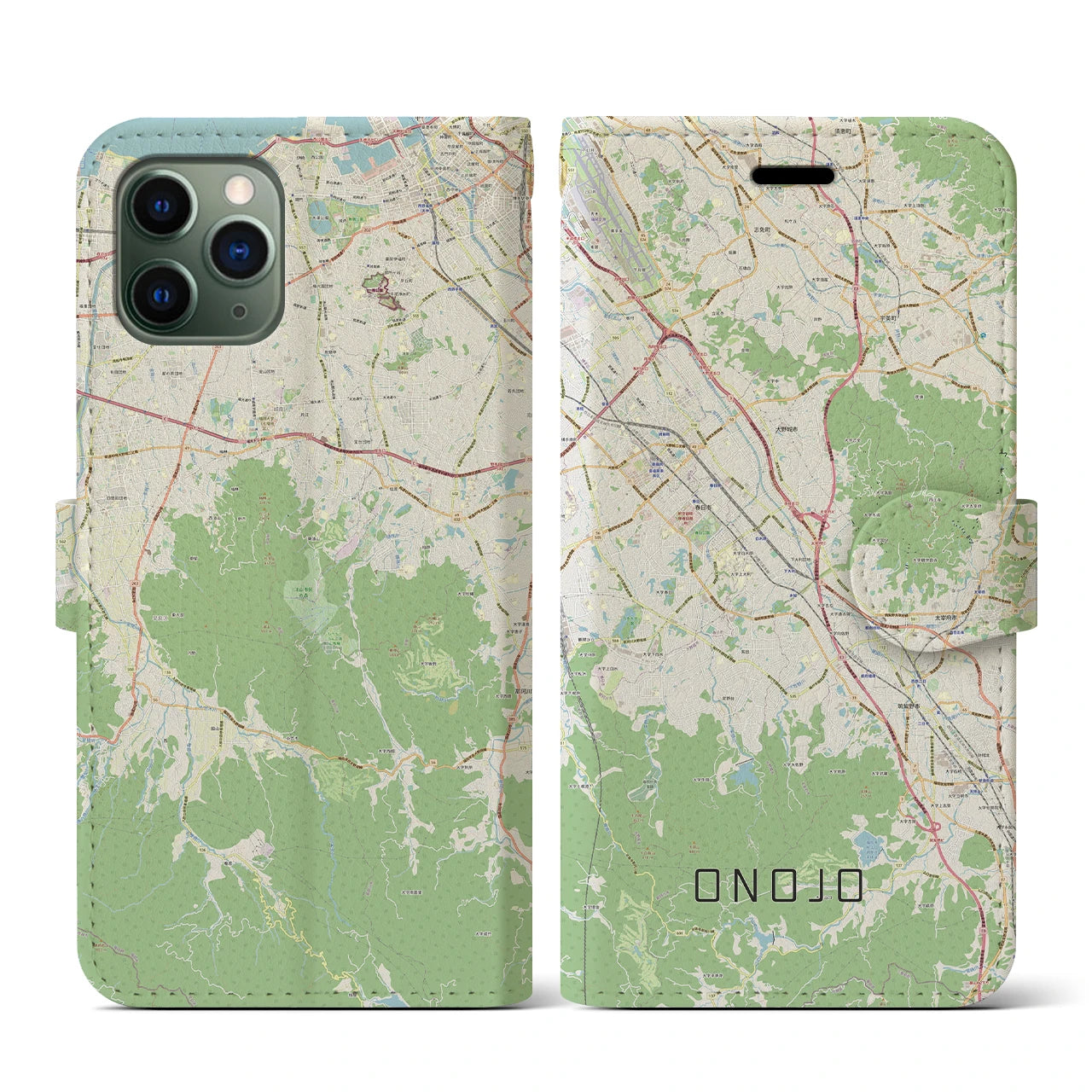 【大野城(福岡県)】地図柄iPhoneケース(手帳タイプ)ナチュラル・iPhone 11 Pro 用