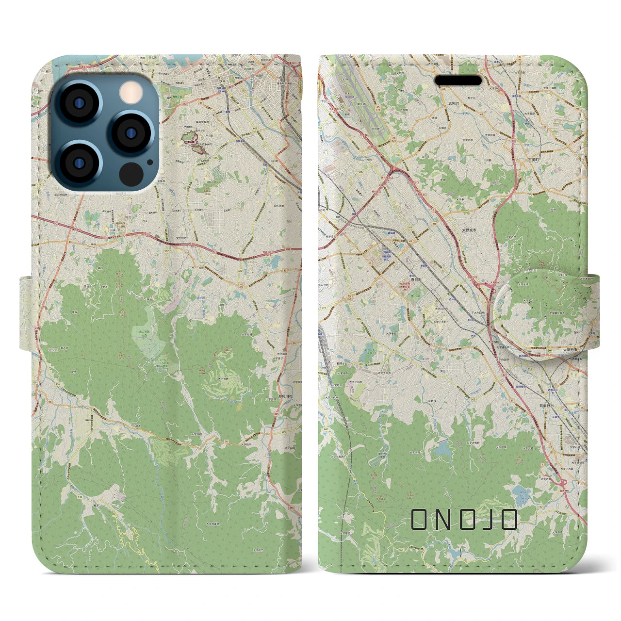 【大野城(福岡県)】地図柄iPhoneケース(手帳タイプ)ナチュラル・iPhone 12 / 12 Pro 用