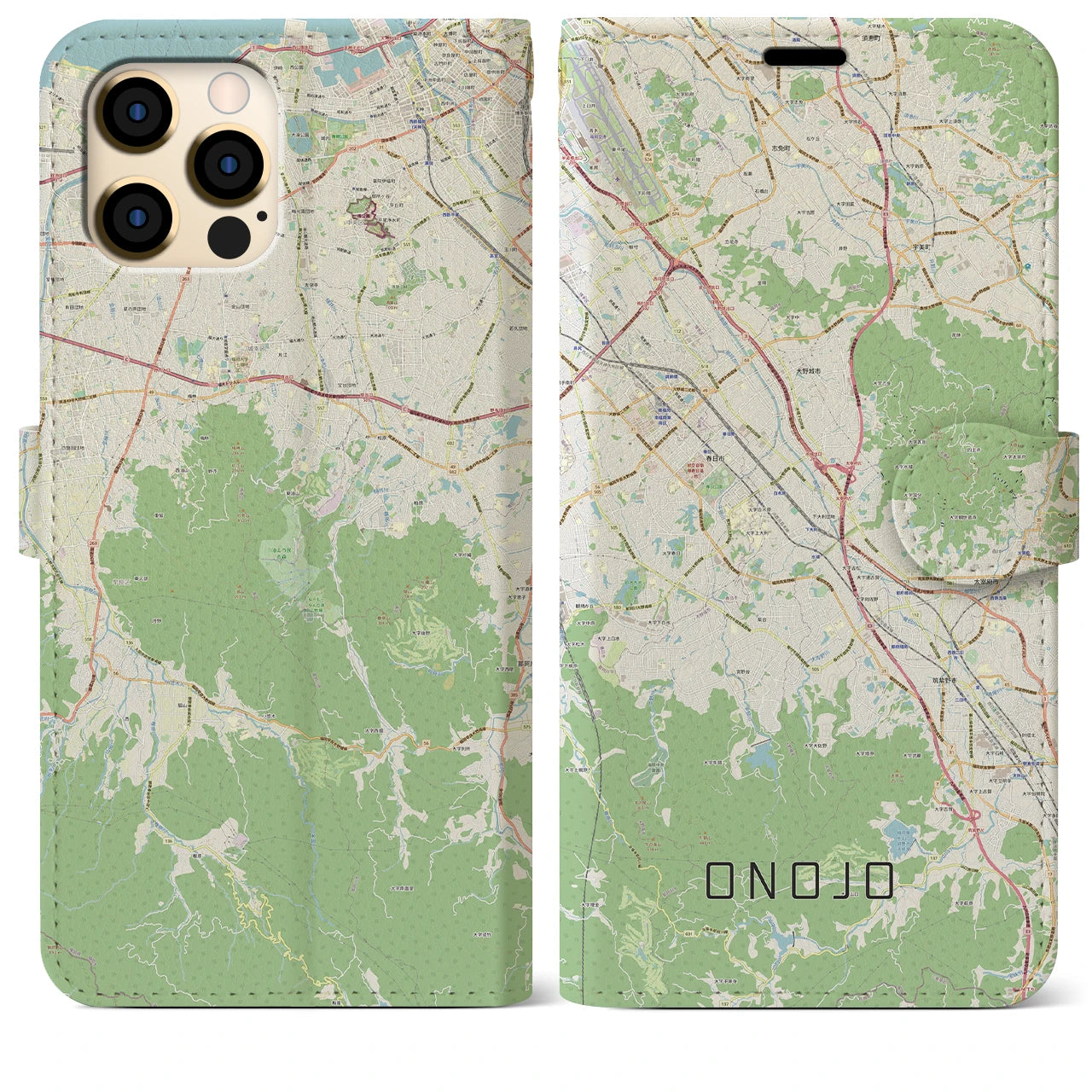 【大野城(福岡県)】地図柄iPhoneケース(手帳タイプ)ナチュラル・iPhone 12 Pro Max 用