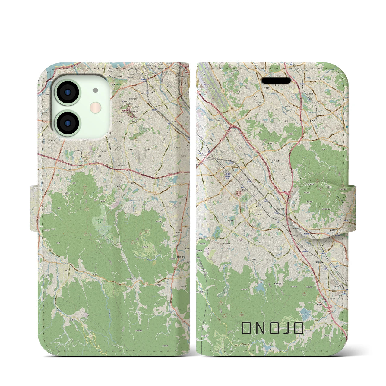 【大野城(福岡県)】地図柄iPhoneケース(手帳タイプ)ナチュラル・iPhone 12 mini 用