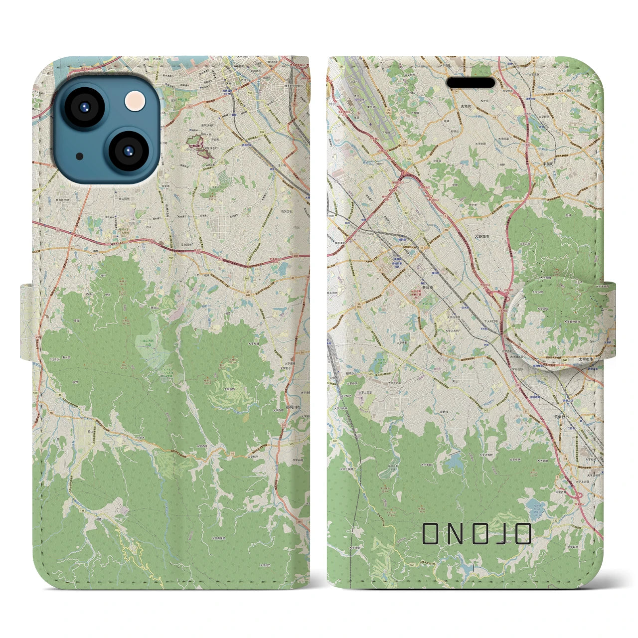 【大野城(福岡県)】地図柄iPhoneケース(手帳タイプ)ナチュラル・iPhone 13 用
