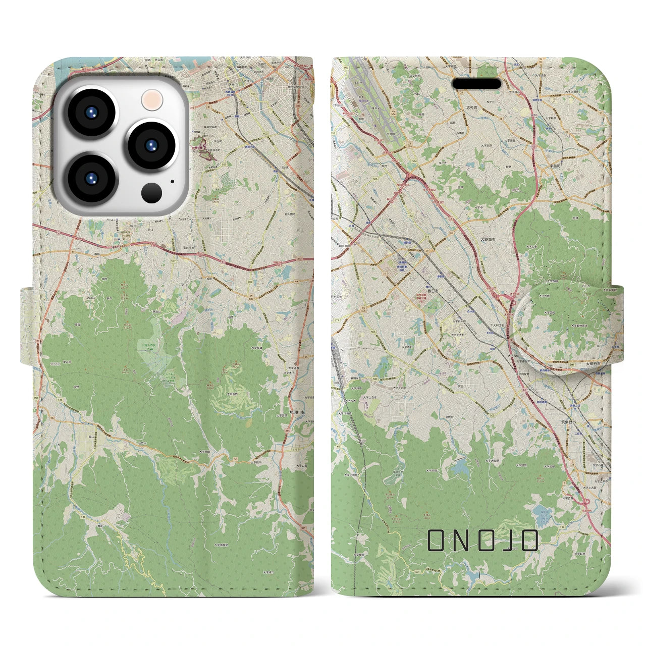 【大野城(福岡県)】地図柄iPhoneケース(手帳タイプ)ナチュラル・iPhone 13 Pro 用