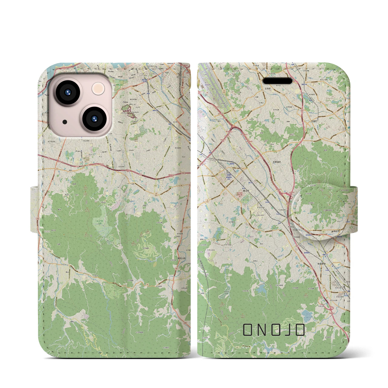 【大野城(福岡県)】地図柄iPhoneケース(手帳タイプ)ナチュラル・iPhone 13 mini 用